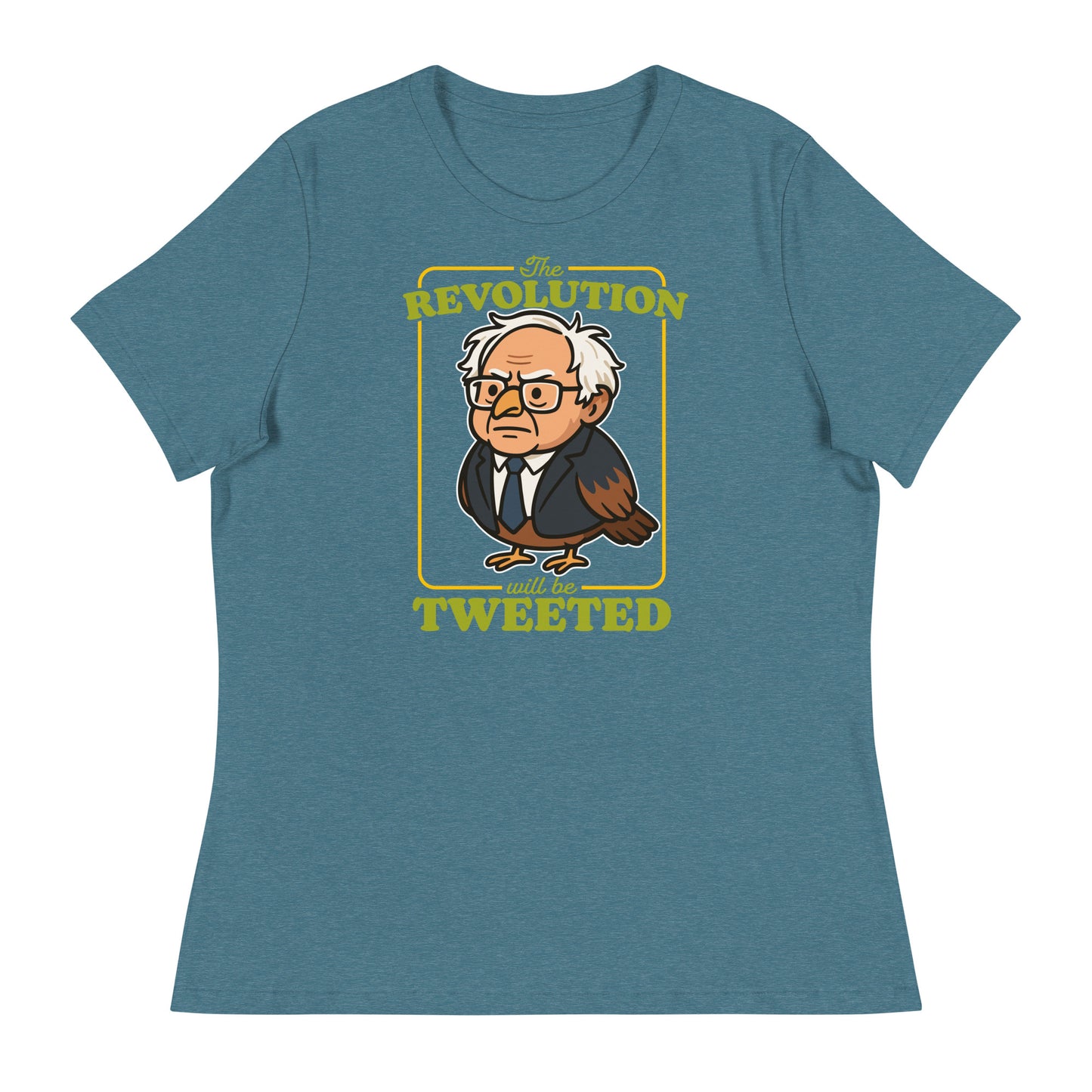 Blue heather women’s relaxed T-shirt displaying Birdie Sanders portrait and retro revolution wording in playful activist style.