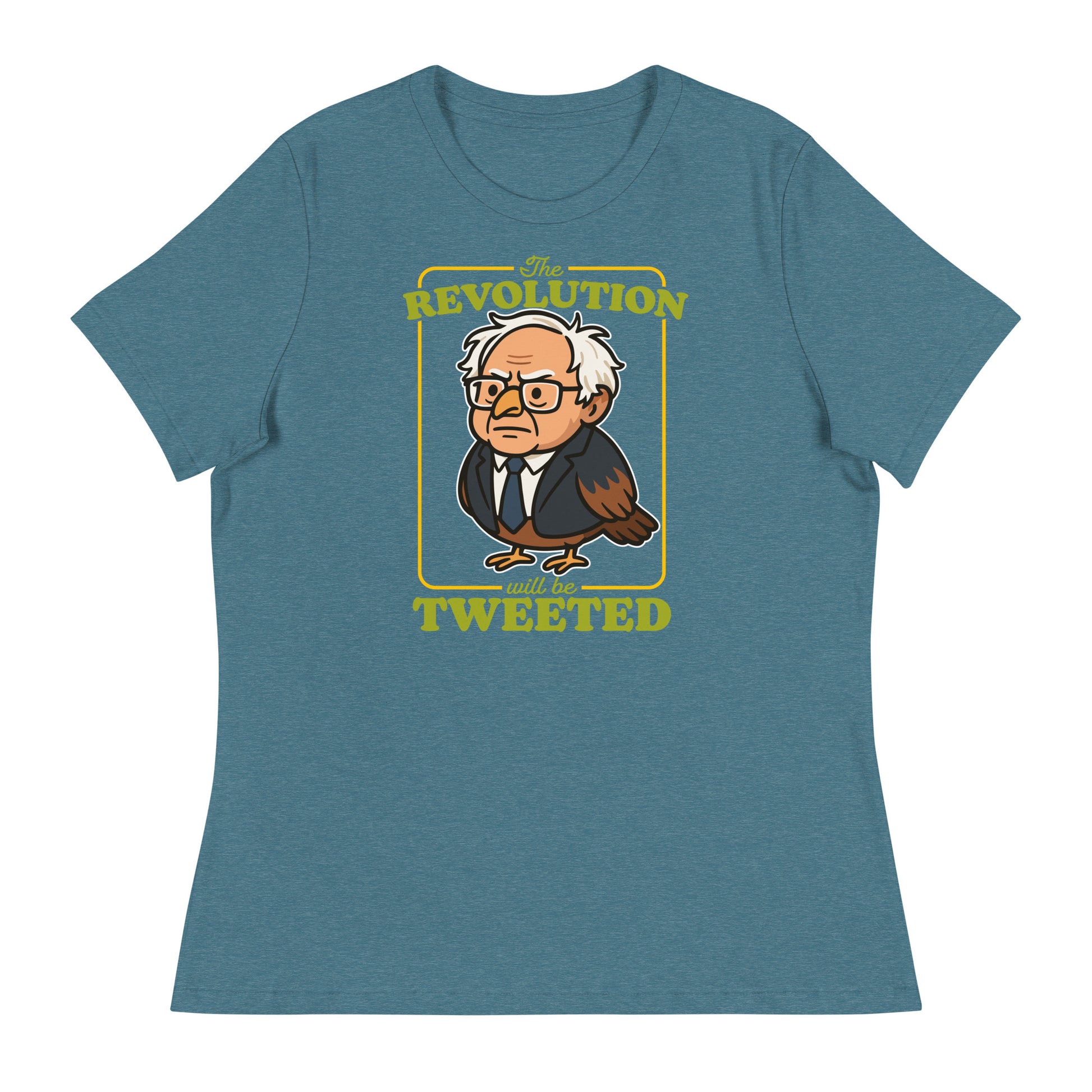 Blue heather women’s relaxed T-shirt displaying Birdie Sanders portrait and retro revolution wording in playful activist style.