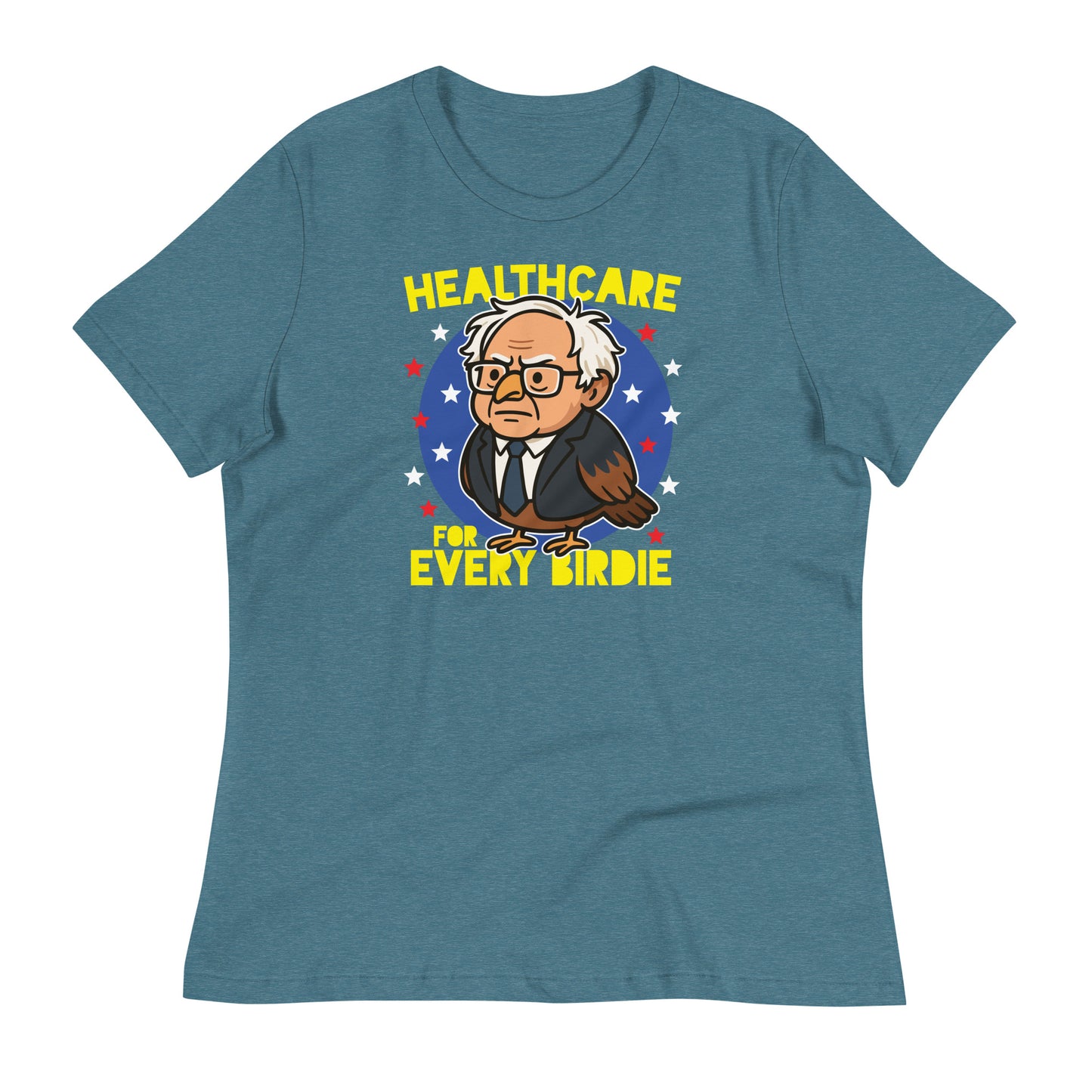 Heather deep teal women’s relaxed t-shirt displaying a cartoon Birdie Sanders owl with patriotic stars and the phrase “Healthcare for Every Birdie.”