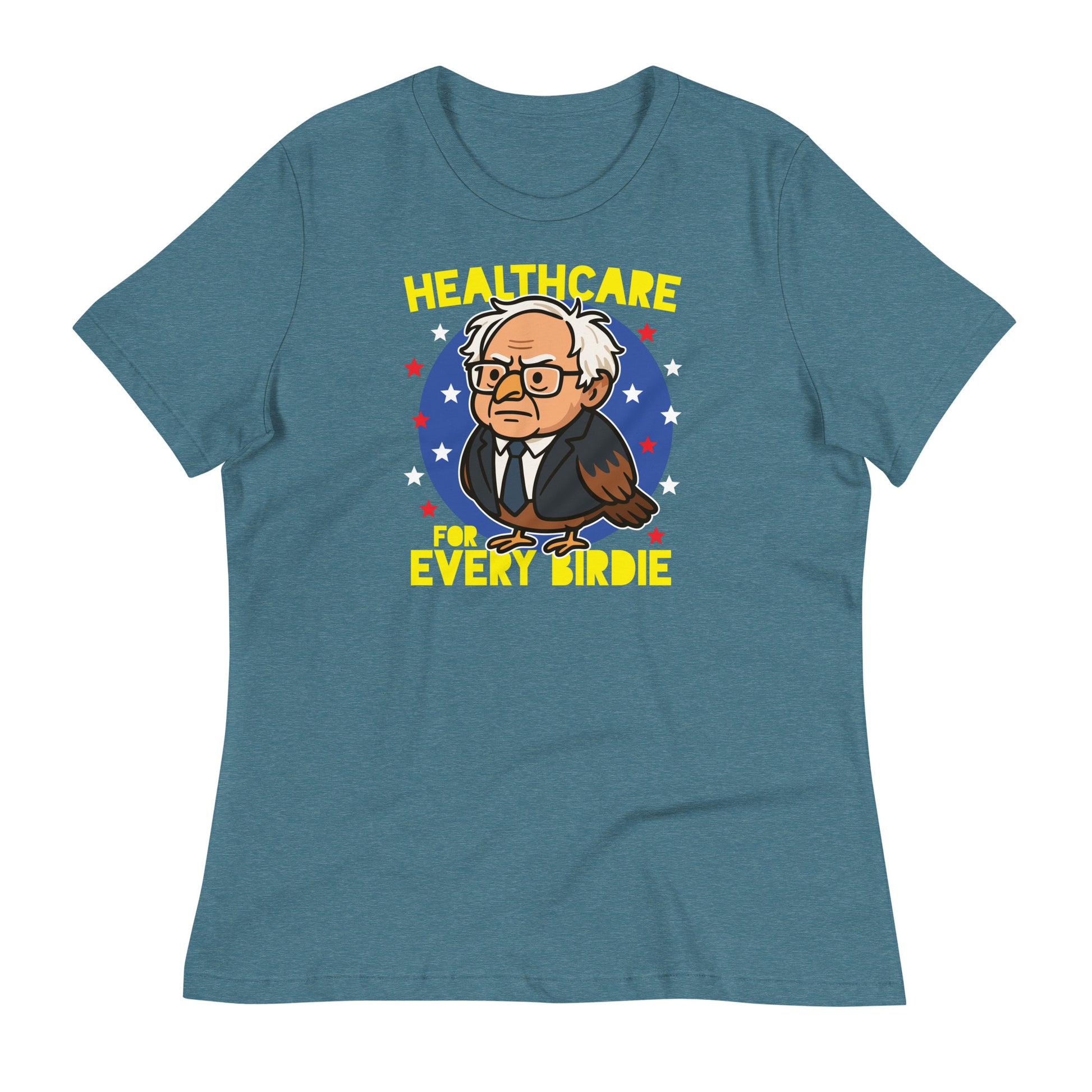 Heather deep teal women’s relaxed t-shirt displaying a cartoon Birdie Sanders owl with patriotic stars and the phrase “Healthcare for Every Birdie.”