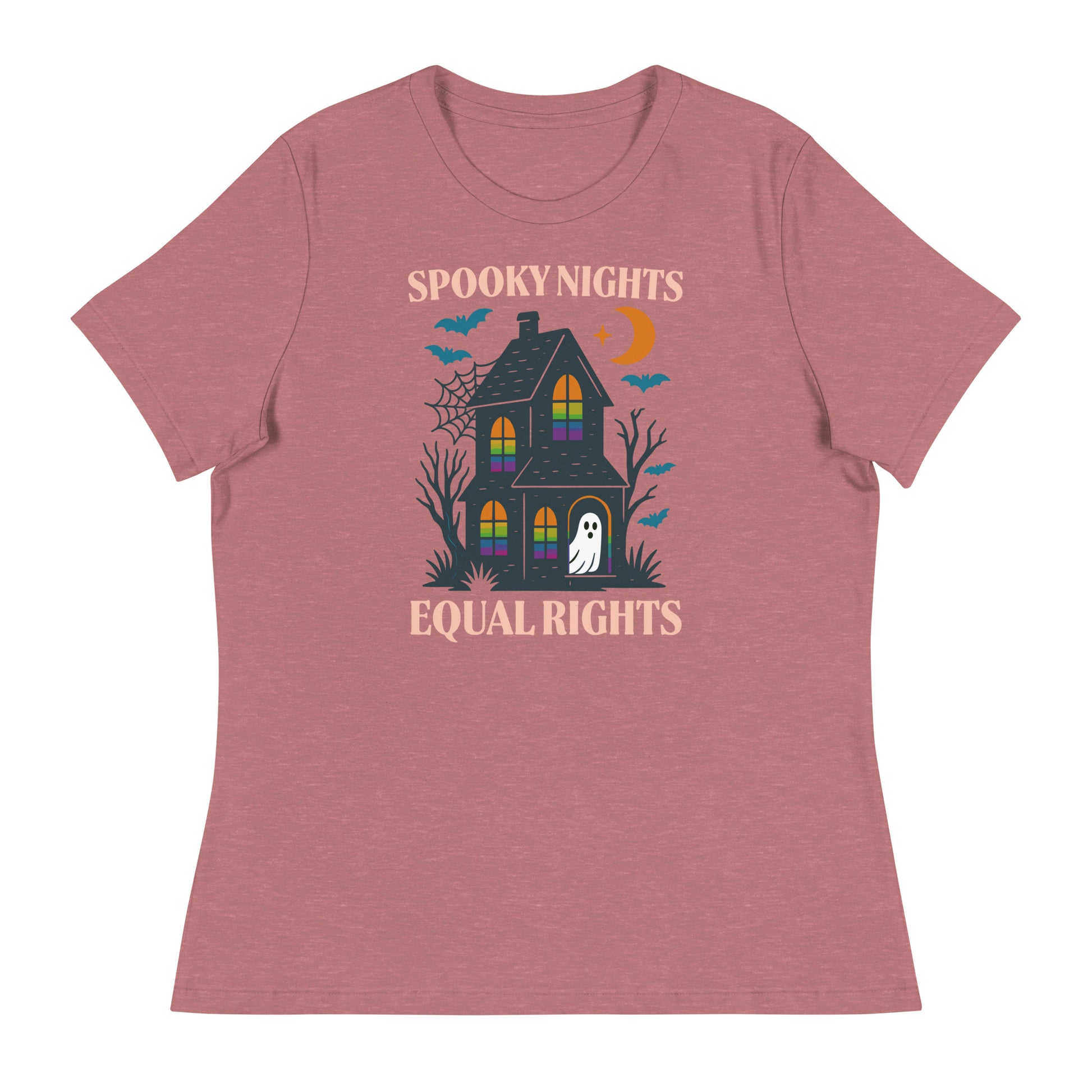 Heather Mauve “Spooky Nights, Equal Rights” feminist Halloween T-shirt with moon and ghost artwork.