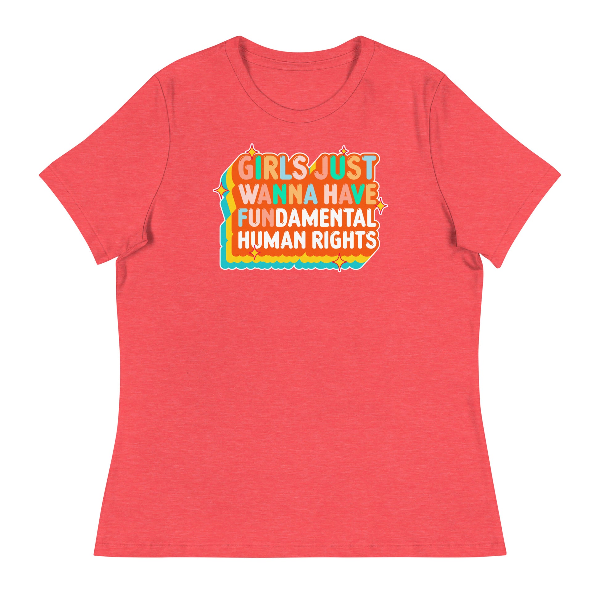 Heather red women’s t-shirt with “Girls Just Wanna Have Fundamental Human Rights” in wavy orange and cream text. Retro-sunset inspired feminist apparel by Blue Wave USA.