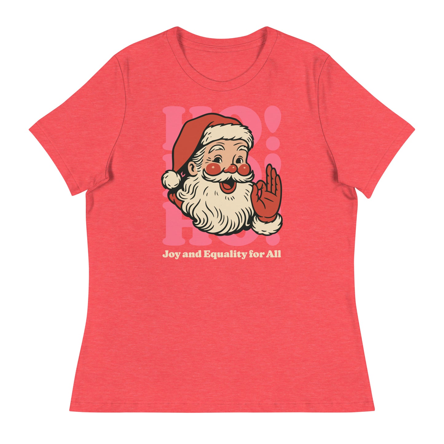 Heather  red women’s fit shirt featuring the vintage Santa design with pink retro shapes and equality-centered message.