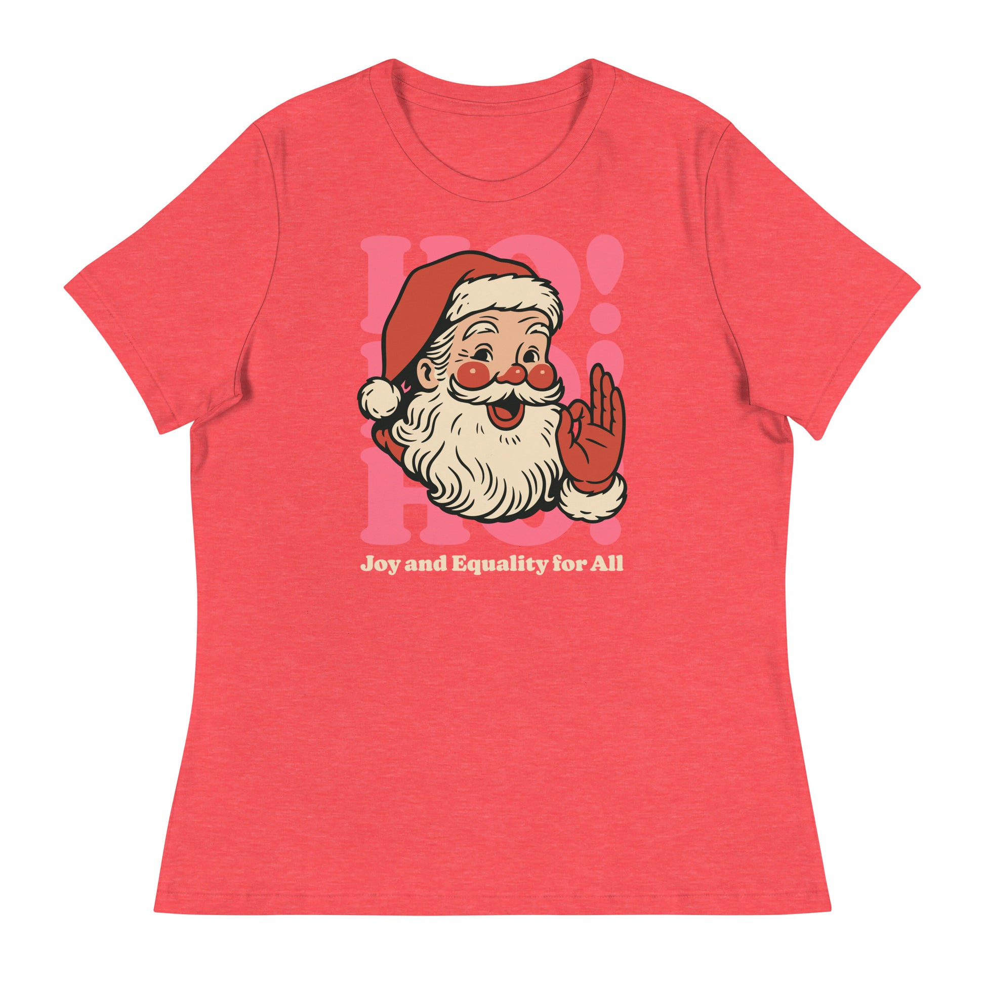 Heather  red women’s fit shirt featuring the vintage Santa design with pink retro shapes and equality-centered message.