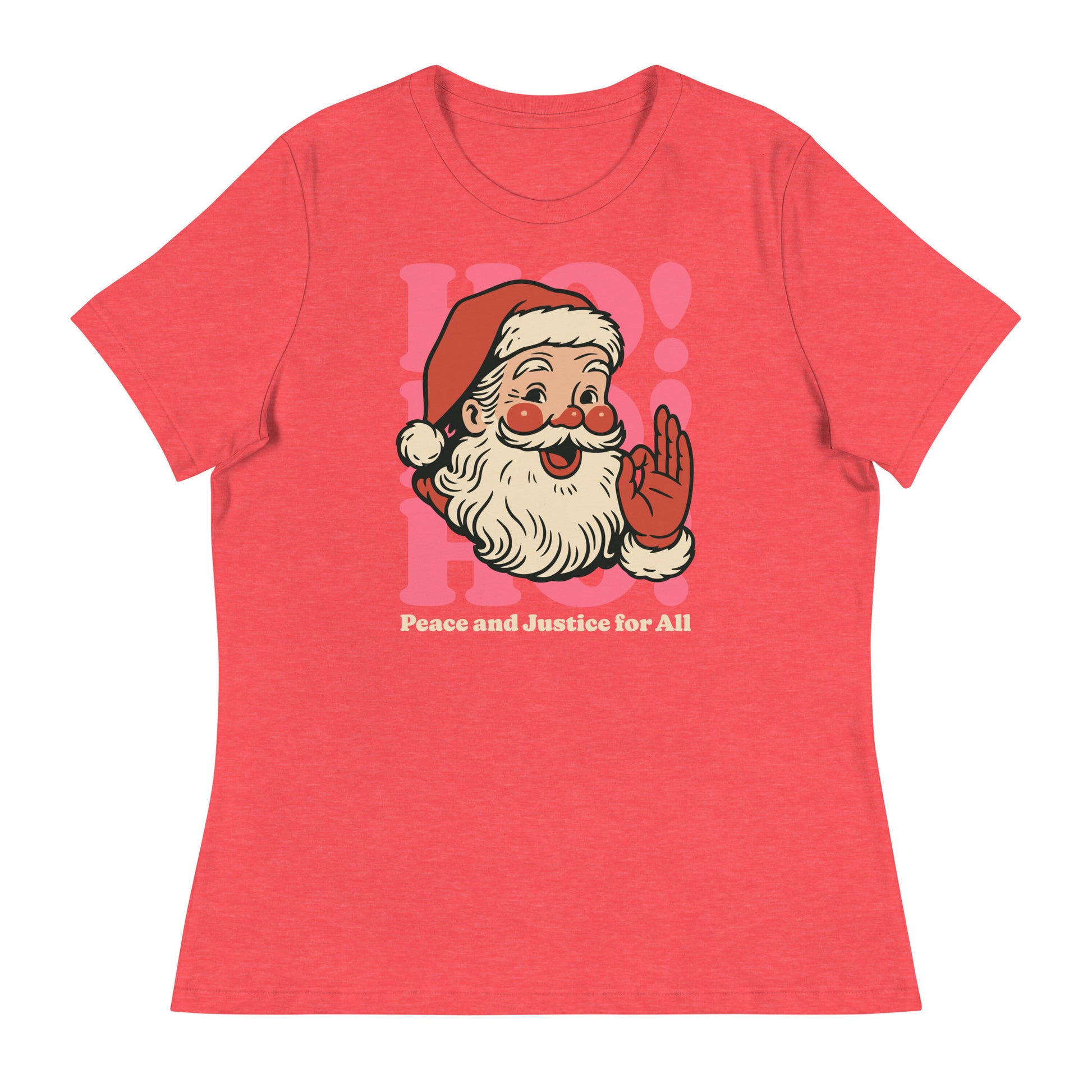 Heather red women’s Relaxed tee showcasing a retro Santa graphic and the message “Peace and Justice for All.”