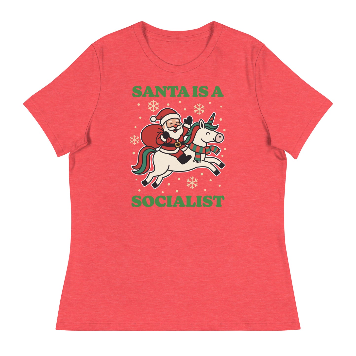 Red heather women’s relaxed t-shirt displaying a vintage Santa riding a unicorn illustration with holiday stars and the printed message “SANTA IS A SOCIALIST.”