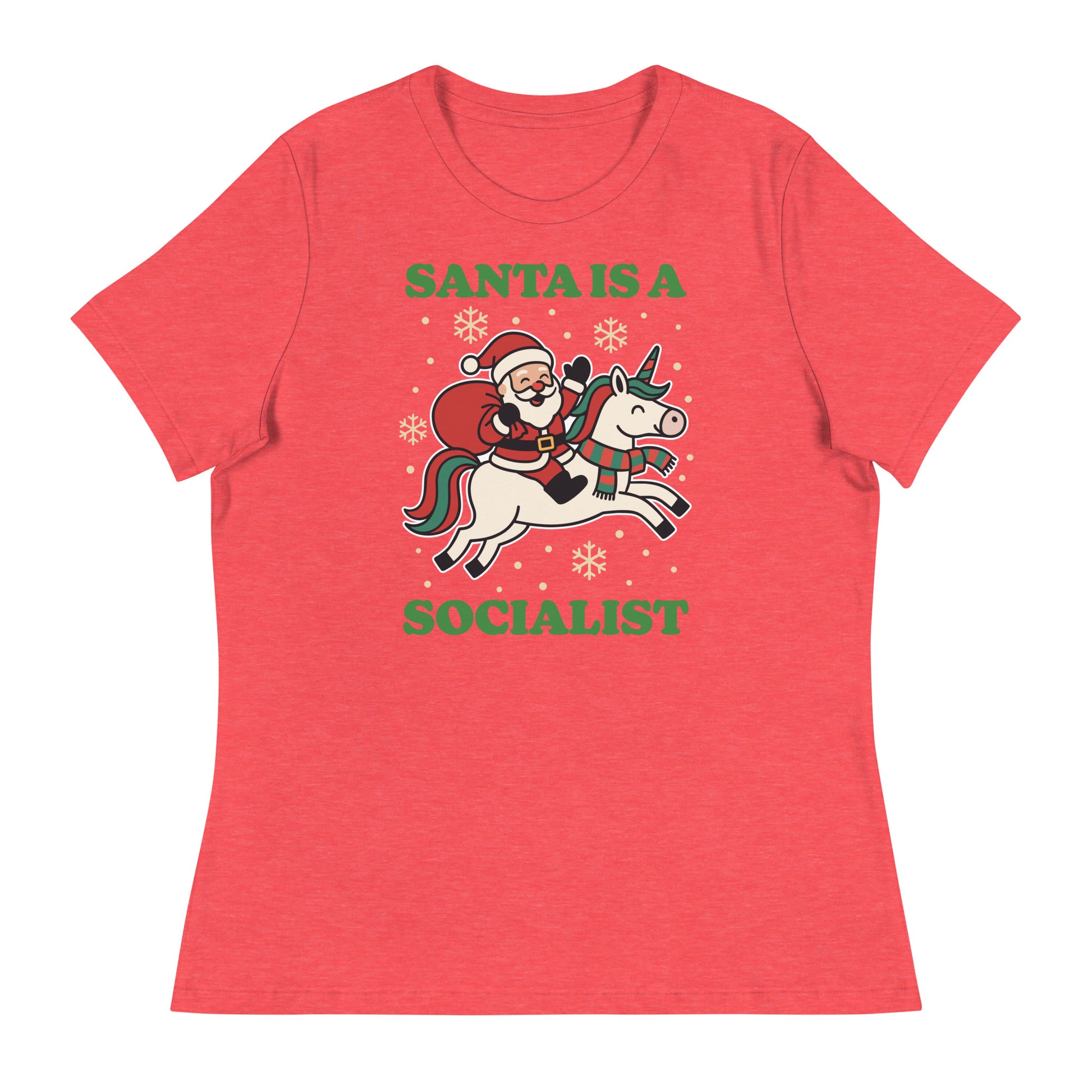 Red heather women’s relaxed t-shirt displaying a vintage Santa riding a unicorn illustration with holiday stars and the printed message “SANTA IS A SOCIALIST.”