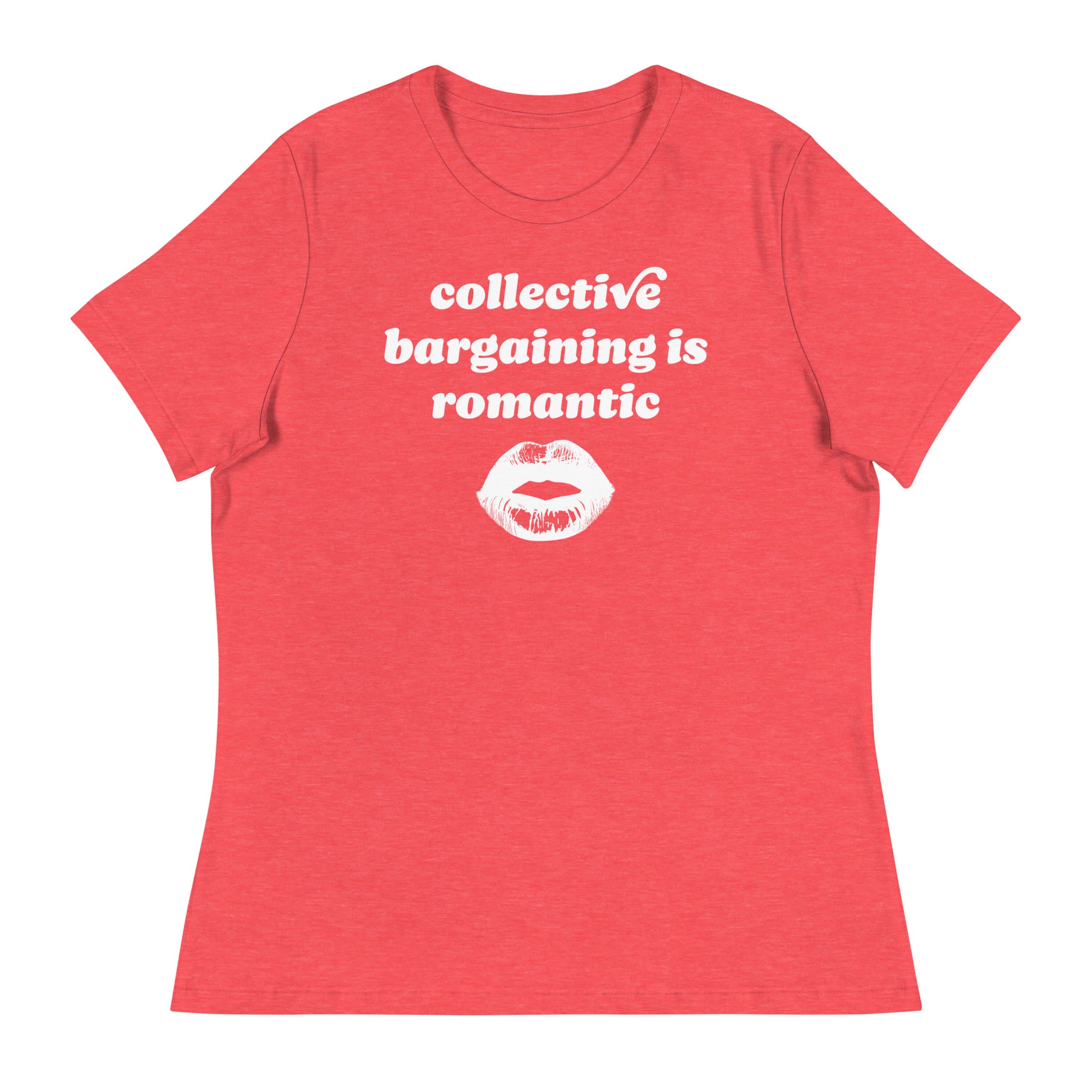 Red women’s relaxed t-shirt showcasing rounded vintage typography and lips artwork with the phrase “collective bargaining is romantic,” a justice-focused Valentine labor rights design.