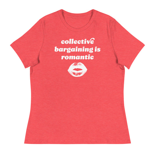 Red women’s relaxed t-shirt showcasing rounded vintage typography and lips artwork with the phrase “collective bargaining is romantic,” a justice-focused Valentine labor rights design.