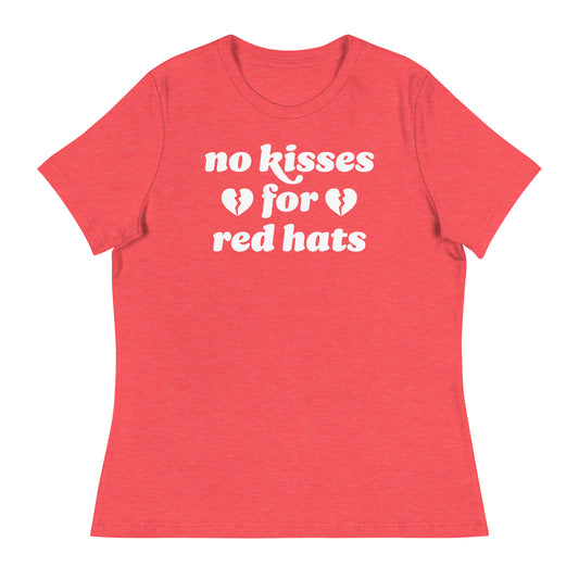 Women’s relaxed t-shirt in coral featuring the phrase “no kisses for red hats,” blending political resistance with playful Valentine energy in progressive apparel.