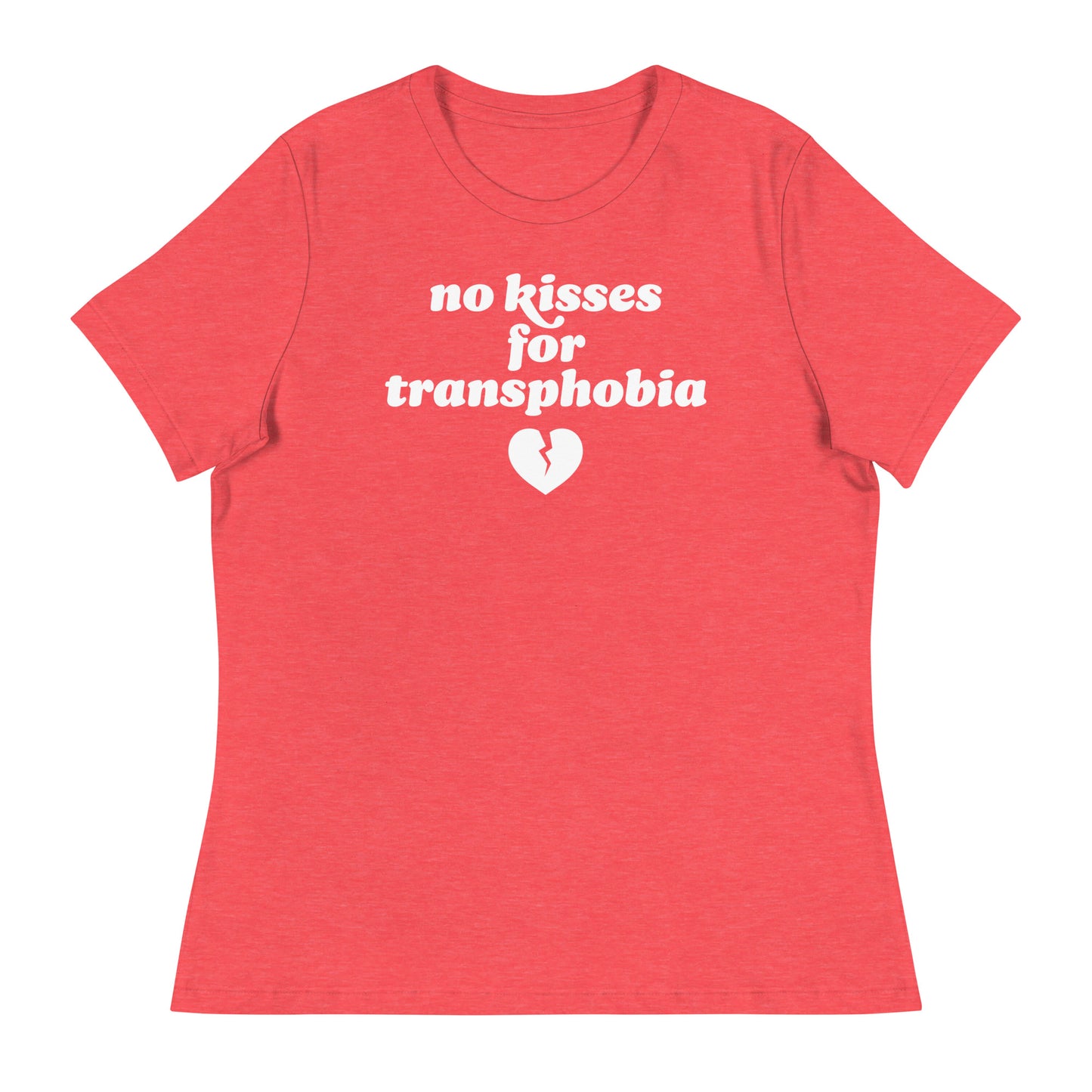 Women’s relaxed t-shirt in coral featuring the phrase “no kisses for transphobia,” combining queer resistance and Valentine symbolism in progressive apparel.