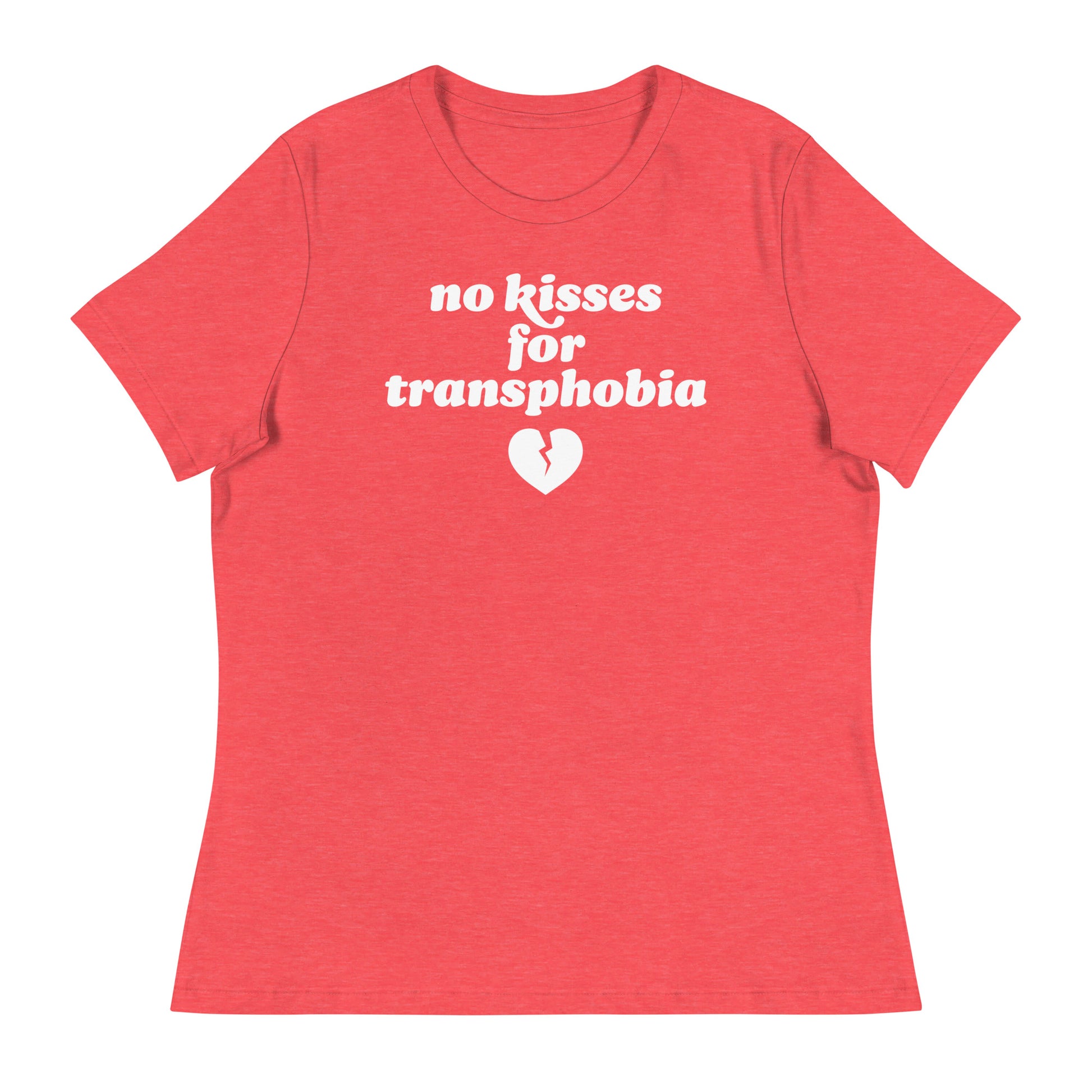 Women’s relaxed t-shirt in coral featuring the phrase “no kisses for transphobia,” combining queer resistance and Valentine symbolism in progressive apparel.
