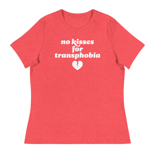 Women’s relaxed t-shirt in coral featuring the phrase “no kisses for transphobia,” combining queer resistance and Valentine symbolism in progressive apparel.