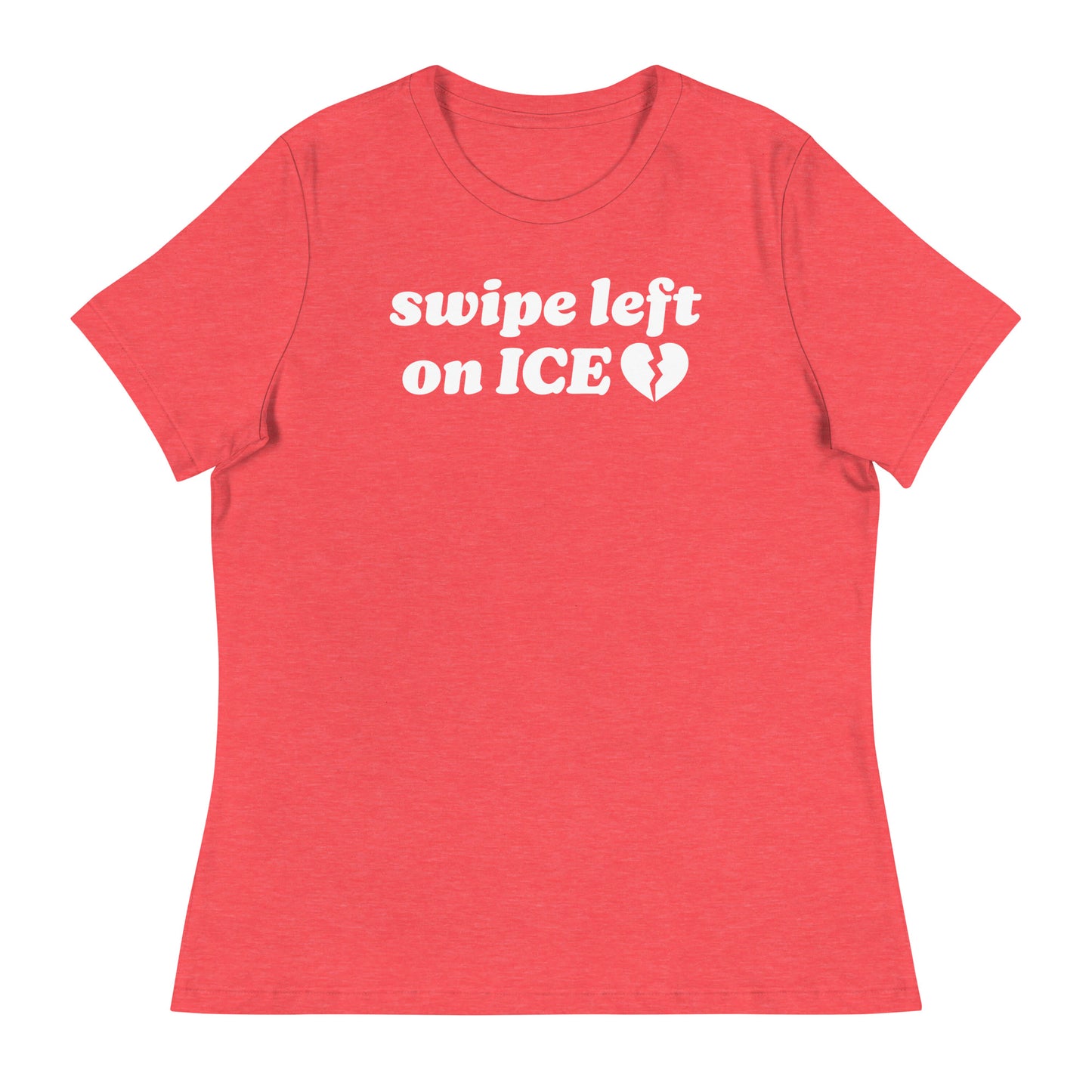 Women’s relaxed t-shirt in coral showcasing the phrase “swipe left on ICE,” blending immigrant rights activism with playful progressive Valentine energy.