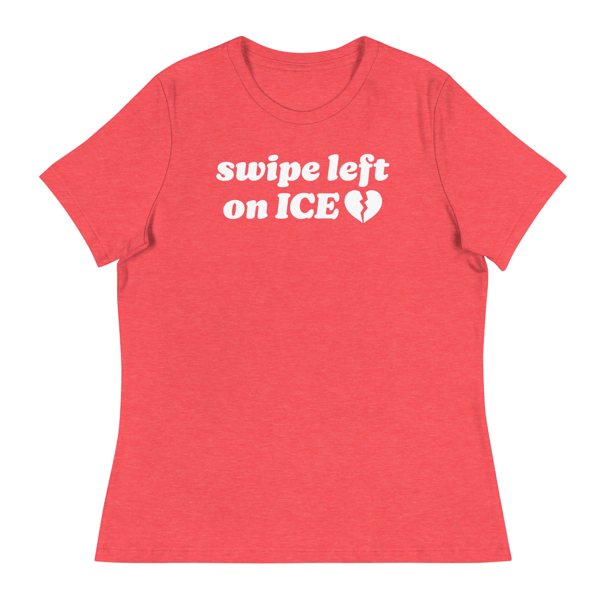 Women’s relaxed t-shirt in coral showcasing the phrase “swipe left on ICE,” blending immigrant rights activism with playful progressive Valentine energy.