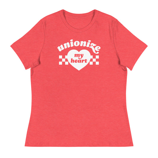 Women’s relaxed t-shirt in red displaying “unionize my heart” phrase and heart motif, Valentine-themed workers’ rights design celebrating solidarity and collective action.