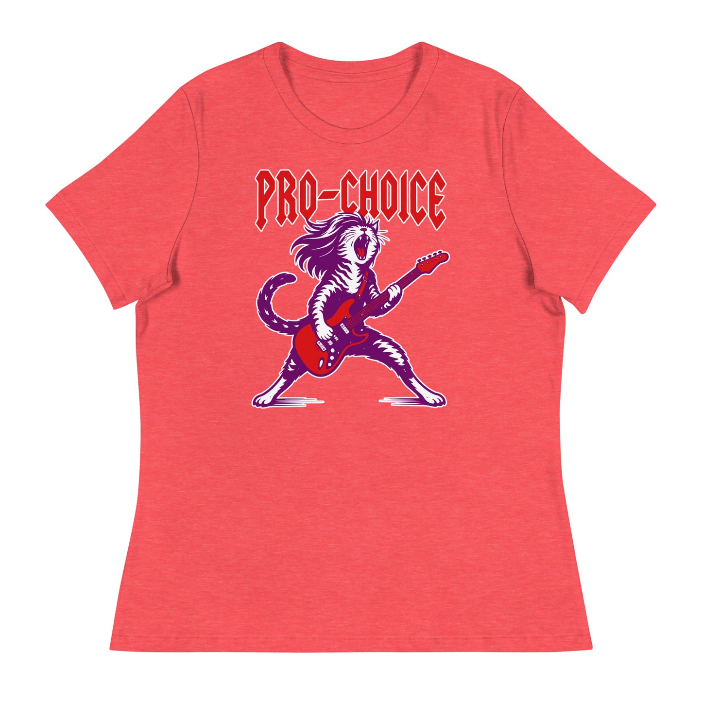 Red heather women’s relaxed t-shirt shown flat, displaying the guitar-playing cat illustration and red “PRO-CHOICE” lettering, vibrant heavy metal feminist graphic on a warm coral fabric.