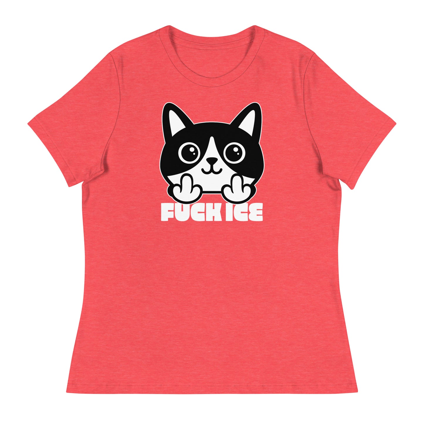 Red heather women’s relaxed t-shirt laid flat with bold graphic cat illustration giving the middle finger, crisp white print, centered design, printed message “FUCK ICE,” by Blue Wave USA.