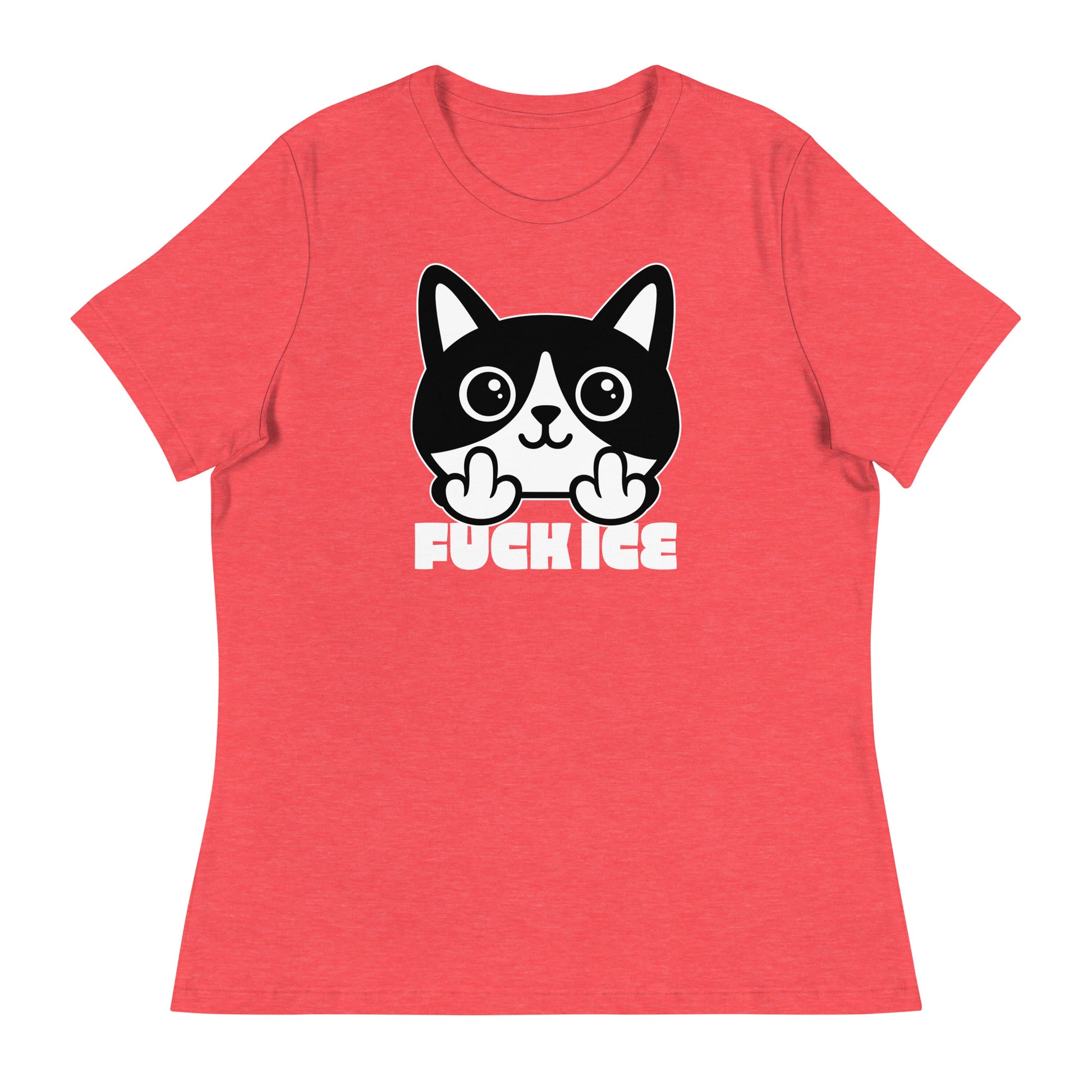 Red heather women’s relaxed t-shirt laid flat with bold graphic cat illustration giving the middle finger, crisp white print, centered design, printed message “FUCK ICE,” by Blue Wave USA.