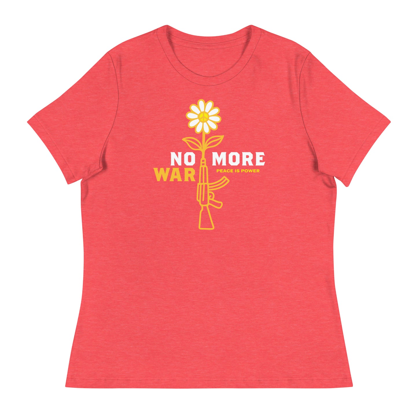 Heather red women’s relaxed tee displaying centered daisy rifle artwork and short “NO MORE WAR” message in contrasting print.