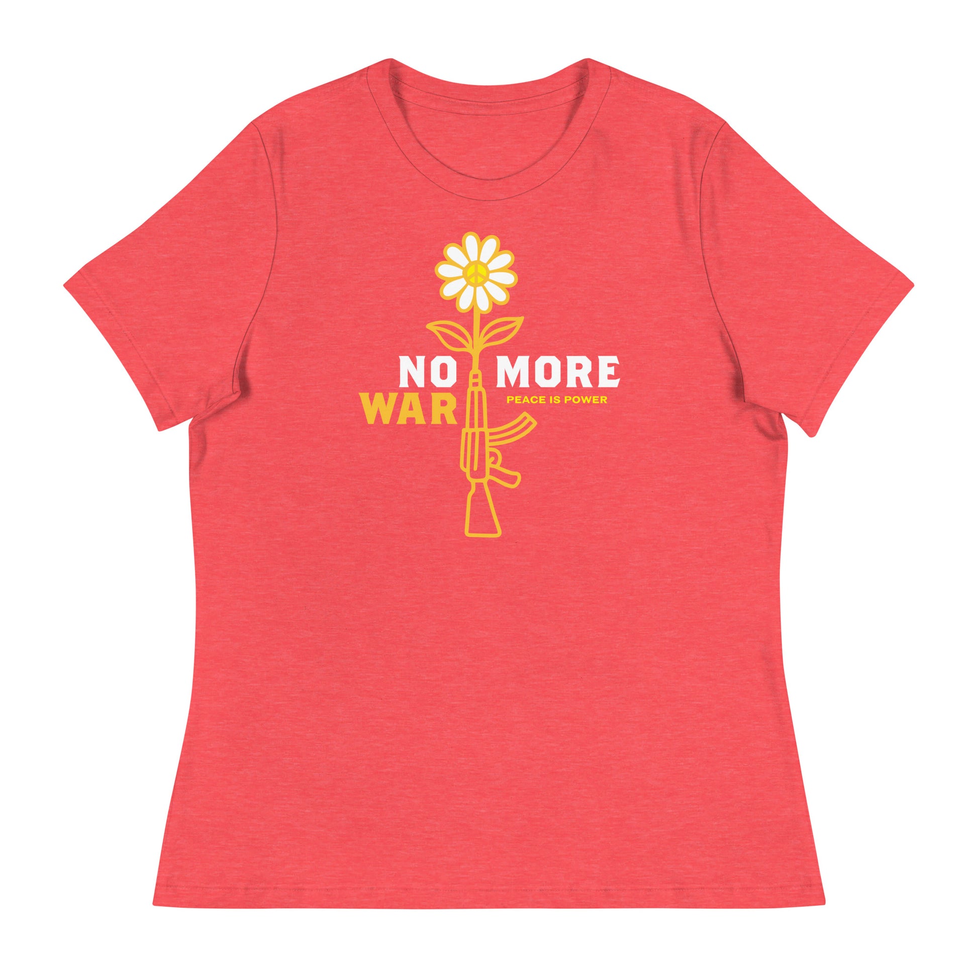 Heather red women’s relaxed tee displaying centered daisy rifle artwork and short “NO MORE WAR” message in contrasting print.