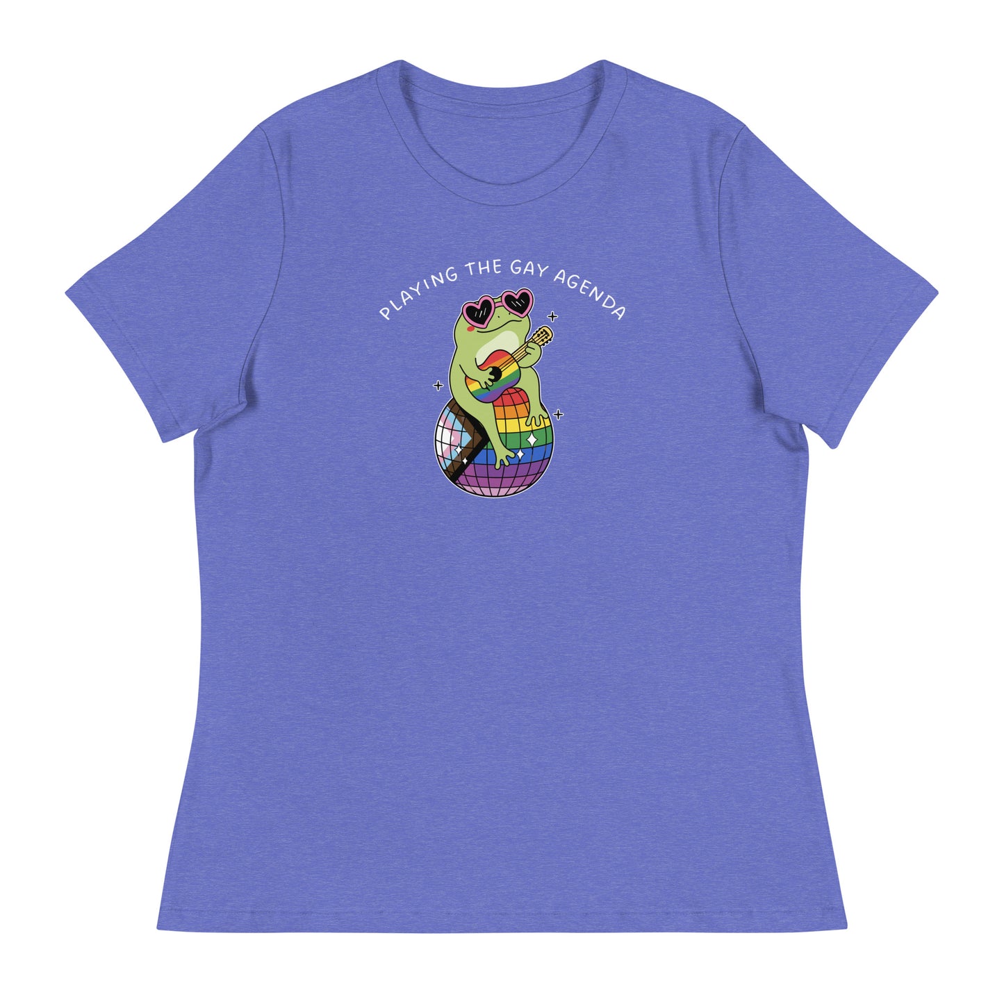 Heather Purple women’s pride t-shirt featuring a colorful disco frog illustration, rainbow accents, and playful “Playing the Gay Agenda” message celebrating queer joy.