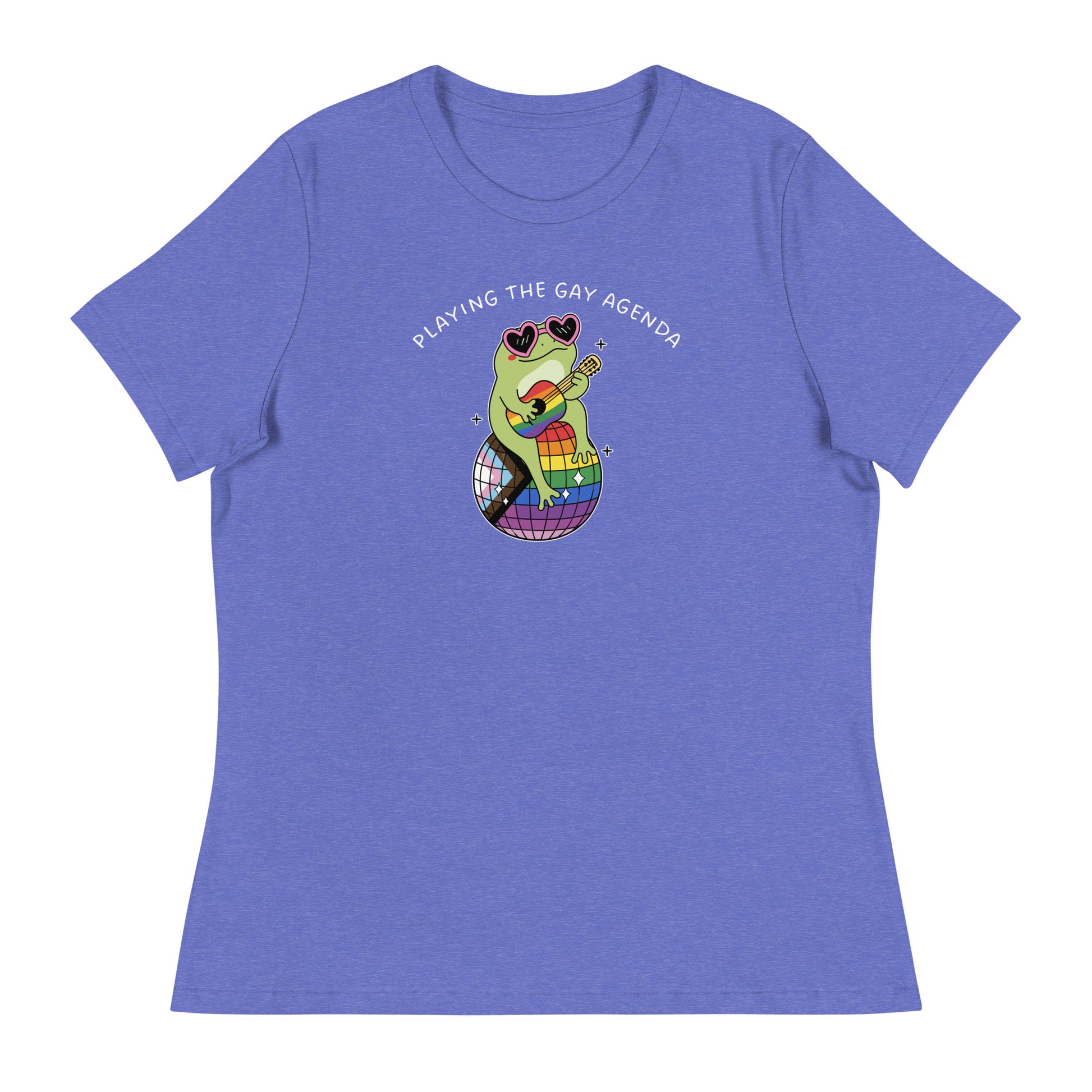 Heather Purple women’s pride t-shirt featuring a colorful disco frog illustration, rainbow accents, and playful “Playing the Gay Agenda” message celebrating queer joy.