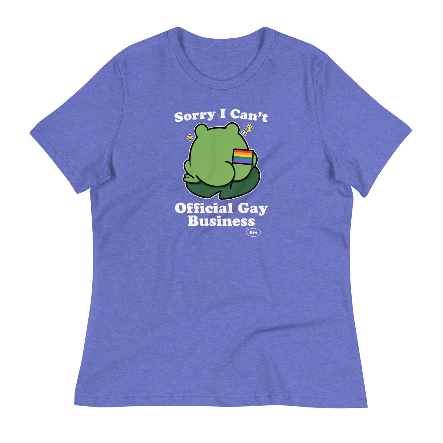 Heather purple women’s pride t-shirt featuring a frog viewed from behind with rainbow flag accents and lighthearted “Official Gay Business” pride-themed artwork.
