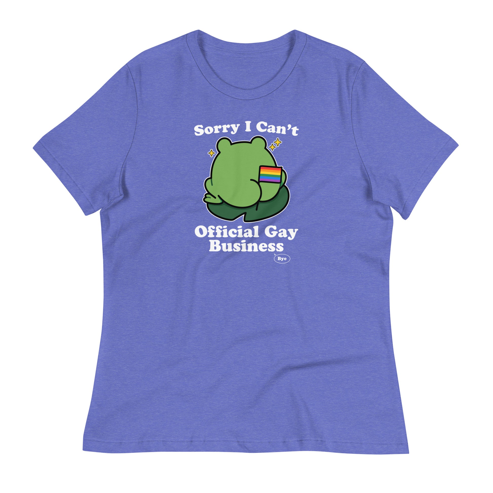 Heather purple women’s pride t-shirt featuring a frog viewed from behind with rainbow flag accents and lighthearted “Official Gay Business” pride-themed artwork.