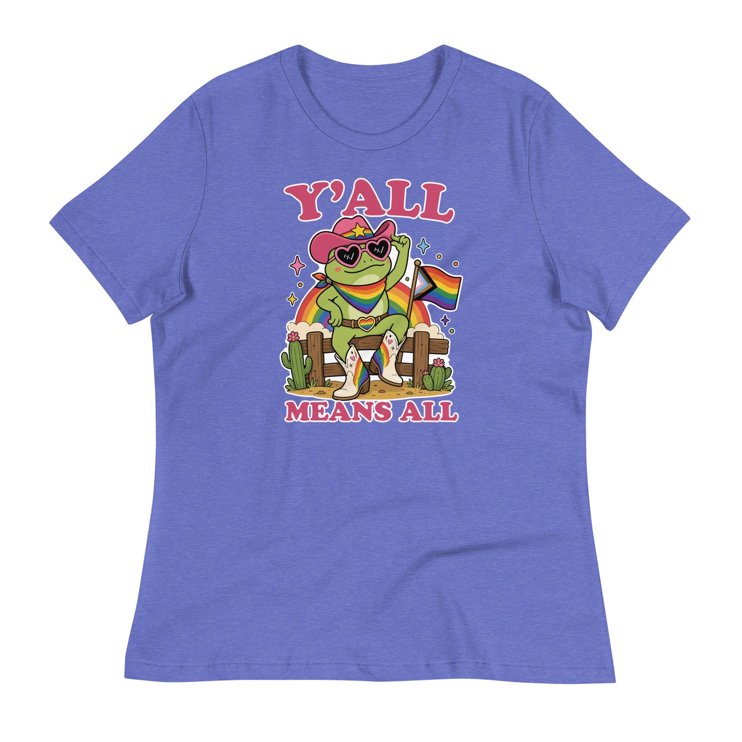 Heather purple women’s pride t-shirt featuring a rainbow cowboy frog in western-inspired attire with pride flag details and inclusive “Y’All Means All” design.