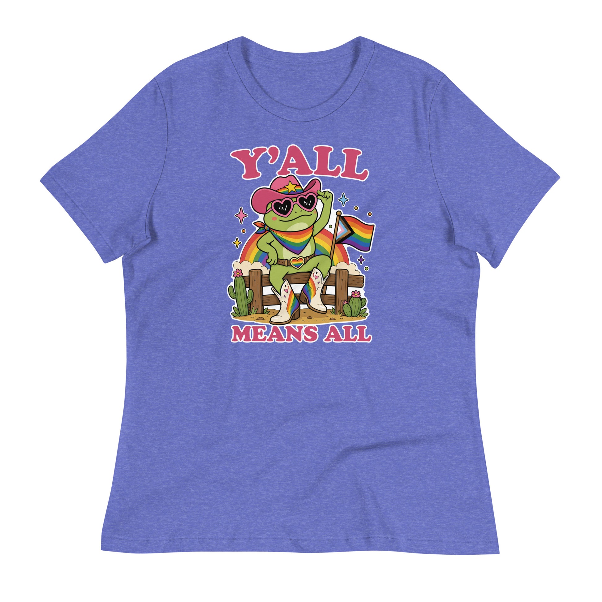 Heather purple women’s pride t-shirt featuring a rainbow cowboy frog in western-inspired attire with pride flag details and inclusive “Y’All Means All” design.