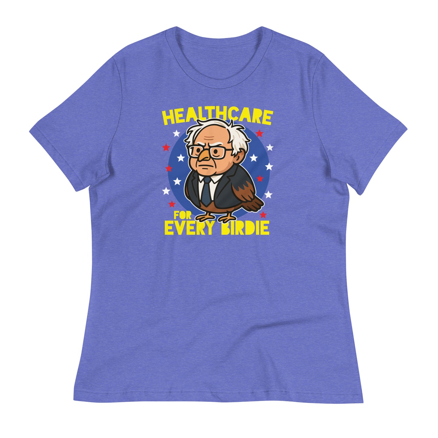 Heather true royal women’s relaxed t-shirt featuring the colorful Birdie Sanders owl illustration and “Healthcare for Every Birdie” message inspired by progressive politics.