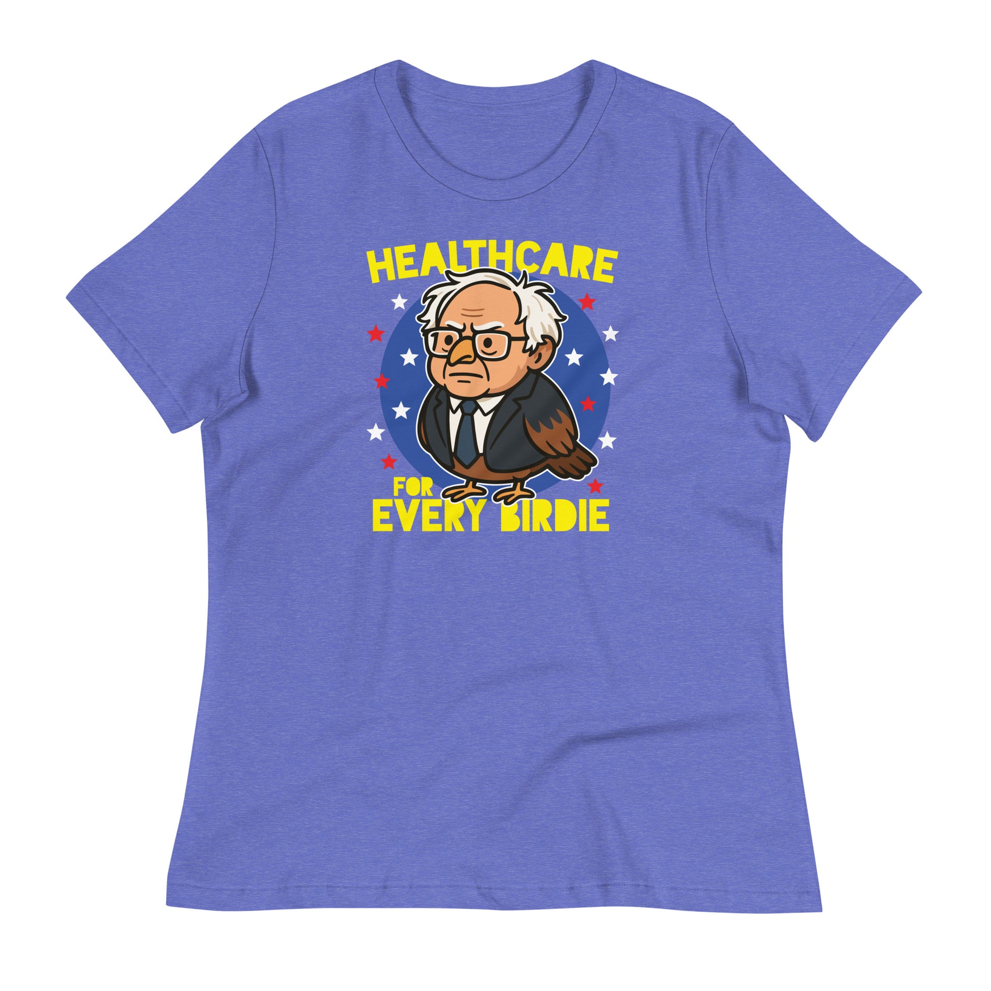 Heather true royal women’s relaxed t-shirt featuring the colorful Birdie Sanders owl illustration and “Healthcare for Every Birdie” message inspired by progressive politics.
