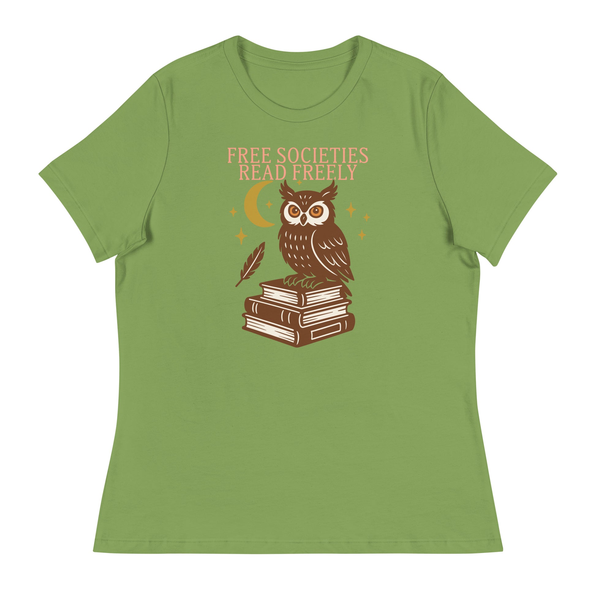 Leaf green women’s activist tee with “Free Societies Read Freely” owl and books illustration.