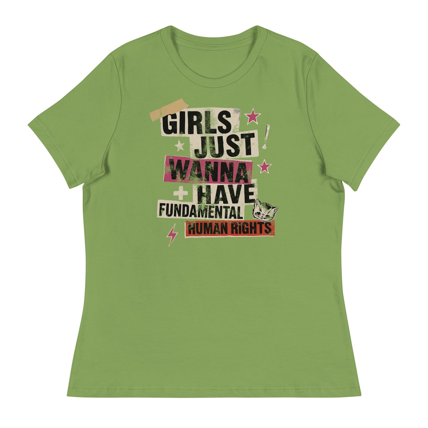 Leaf green feminist tee featuring layered collage-style slogan text and subtle star graphics. Edgy yet empowering look by Blue Wave USA.
