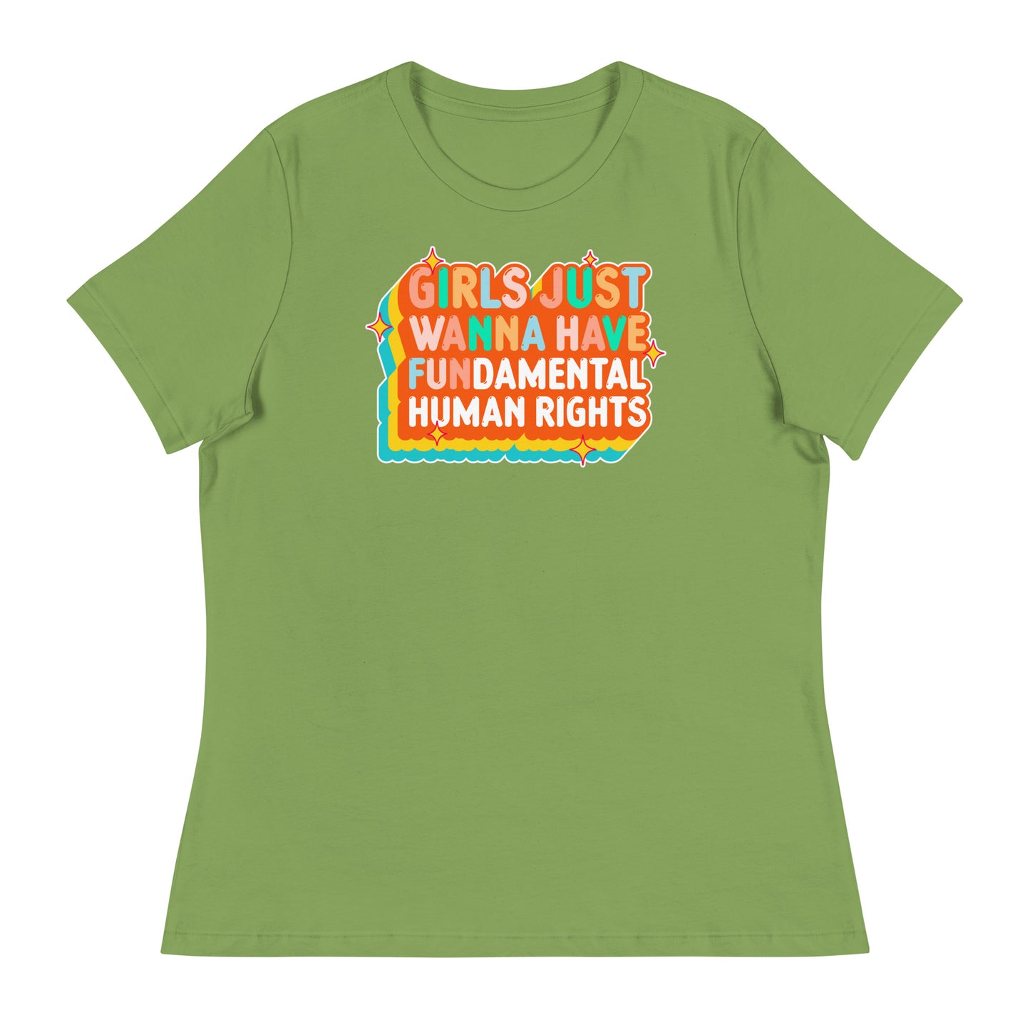 Leaf green relaxed t-shirt featuring orange layered text and teal trim. Playful and empowering feminist fashion.