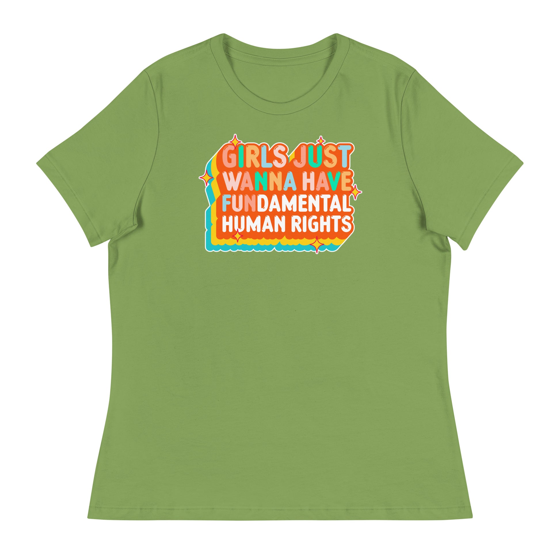 Leaf green relaxed t-shirt featuring orange layered text and teal trim. Playful and empowering feminist fashion.