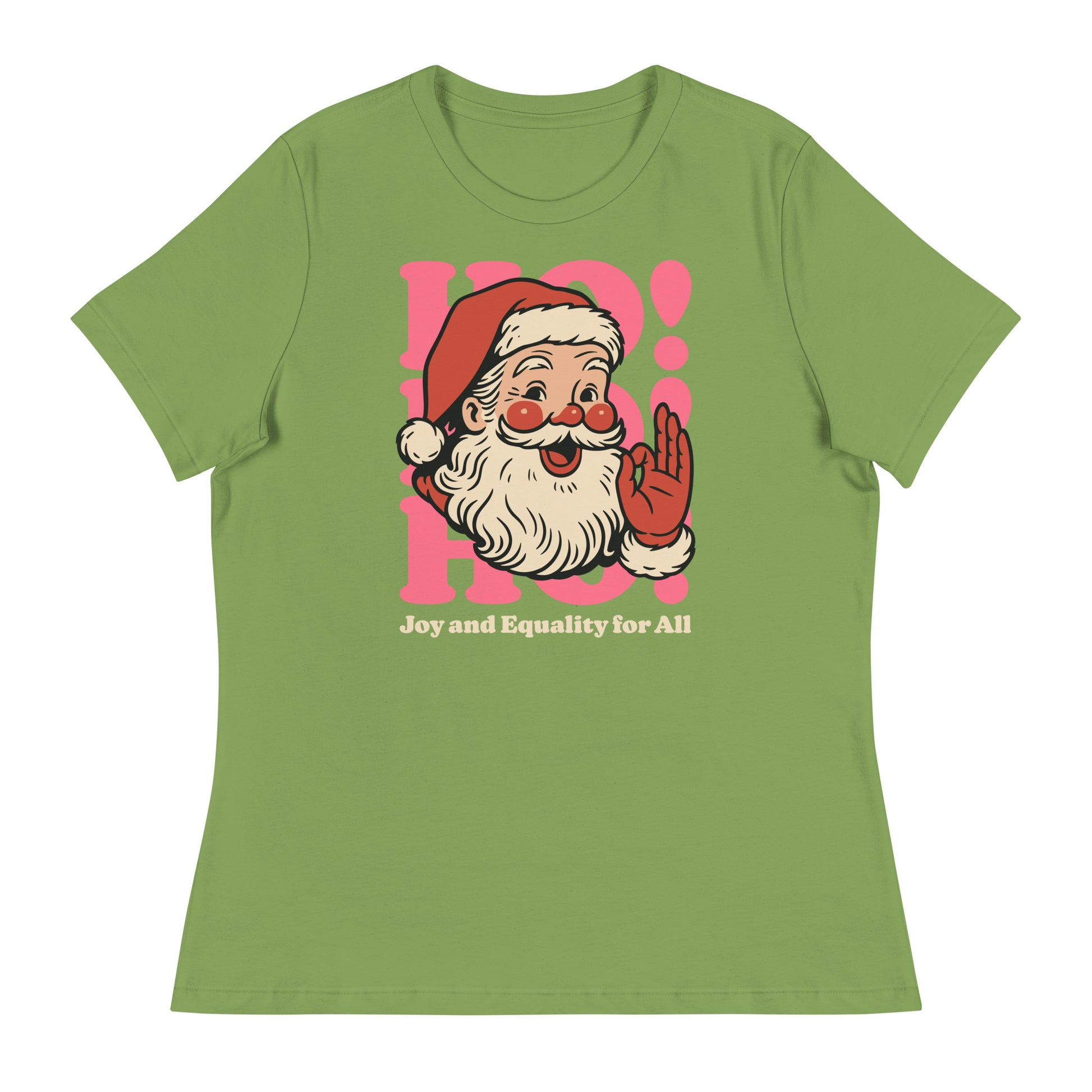Leaf green women’s fitted t-shirt with the cheerful Santa graphic and the phrase “Joy and Equality for All.”