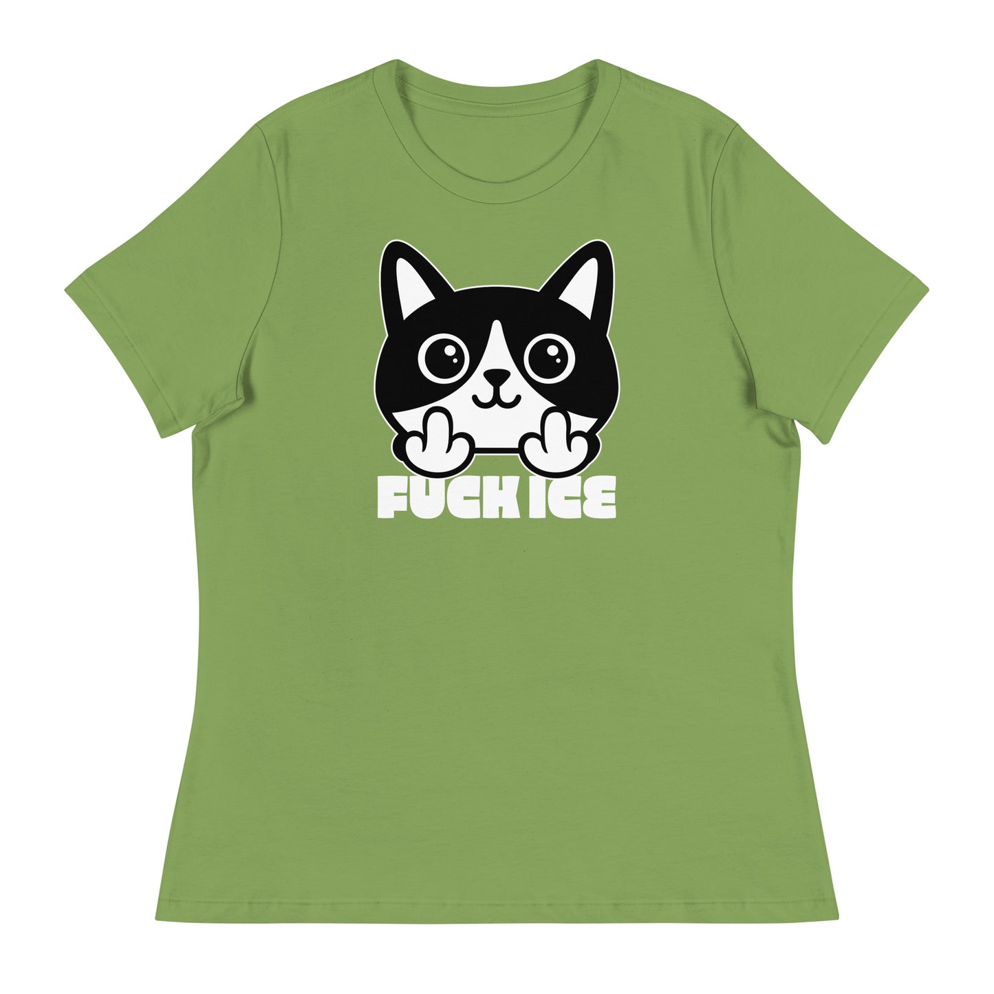 Leaf green women’s relaxed t-shirt featuring bold graphic cartoon cat flipping the middle finger, high-contrast white illustration, centered layout, printed message “FUCK ICE.”