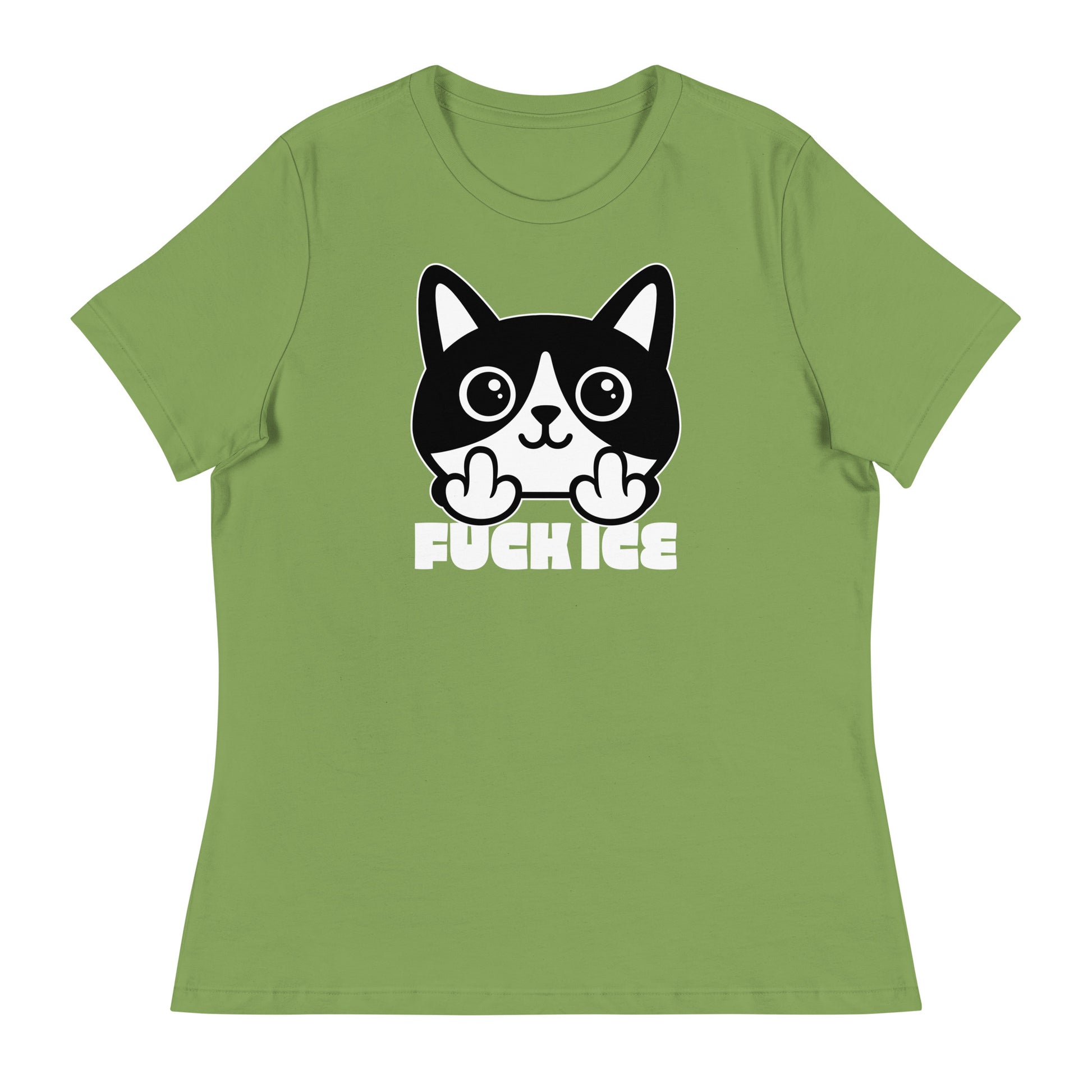 Leaf green women’s relaxed t-shirt featuring bold graphic cartoon cat flipping the middle finger, high-contrast white illustration, centered layout, printed message “FUCK ICE.”