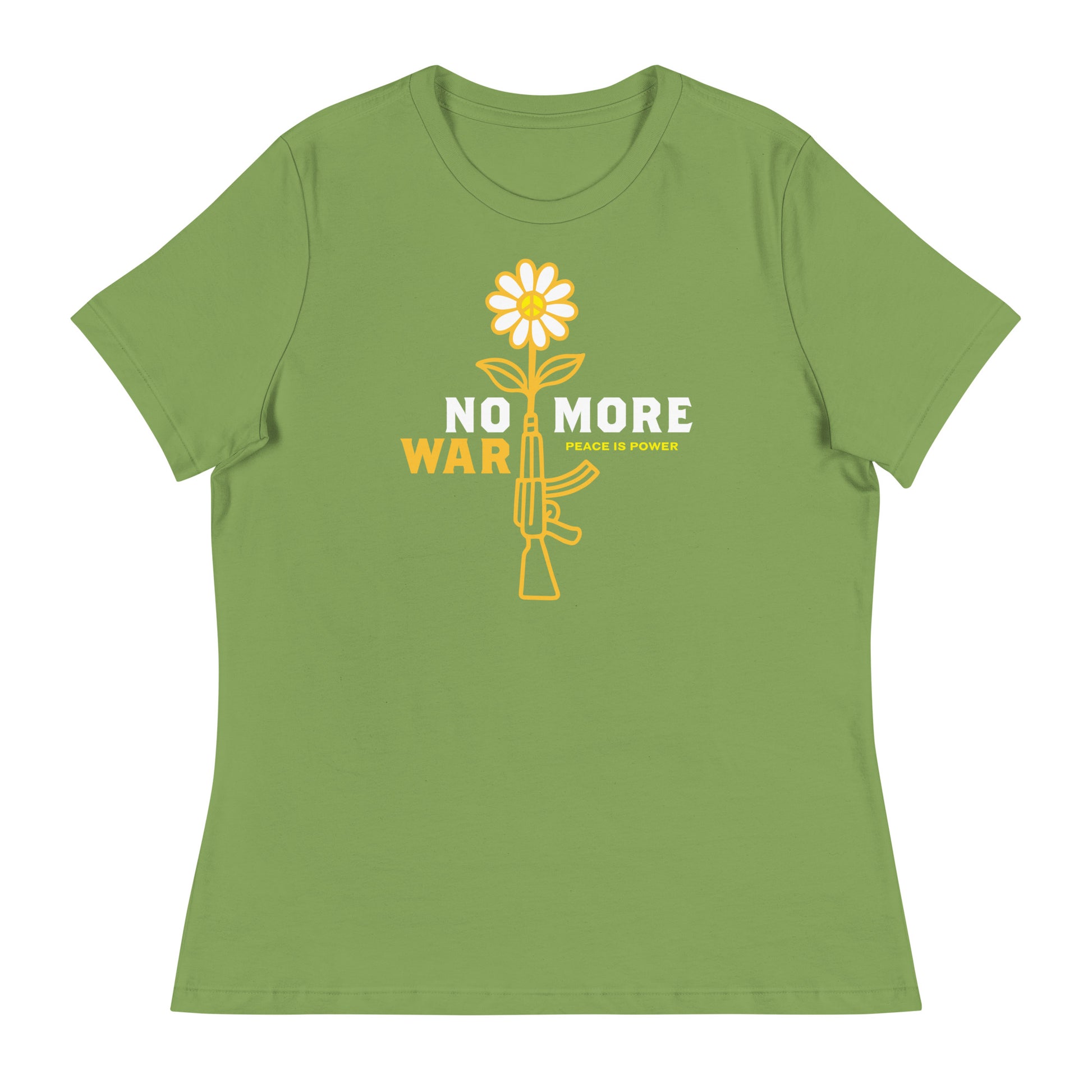 Leaf green women’s relaxed t-shirt featuring bright floral rifle illustration with compact anti-war wording and small “Peace Is Power” line.