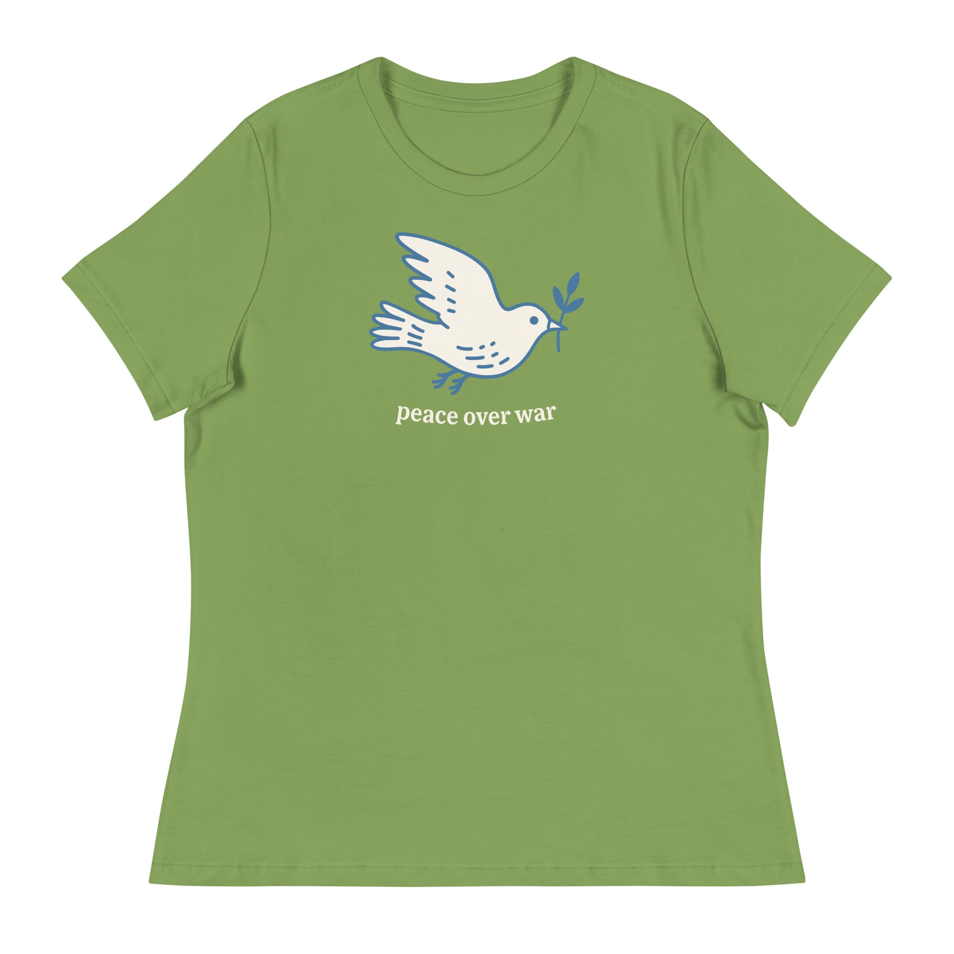 Leaf green women’s relaxed tee featuring dove peace symbol with olive branch and “peace over war” text, soft anti-war graphic style.