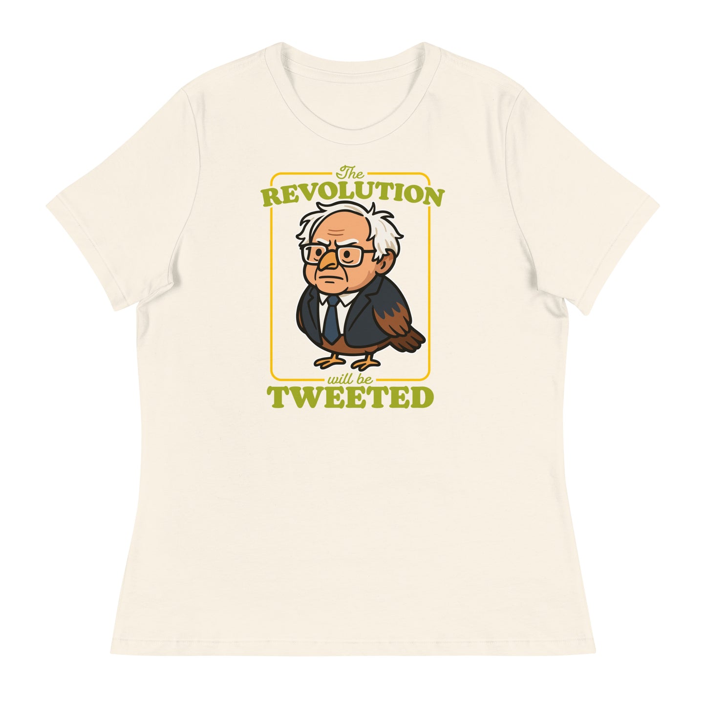 Blue Wave USA cream women’s relaxed tee featuring Birdie Sanders illustration and “The Revolution Will Be Tweeted” message, giftable political humor apparel.