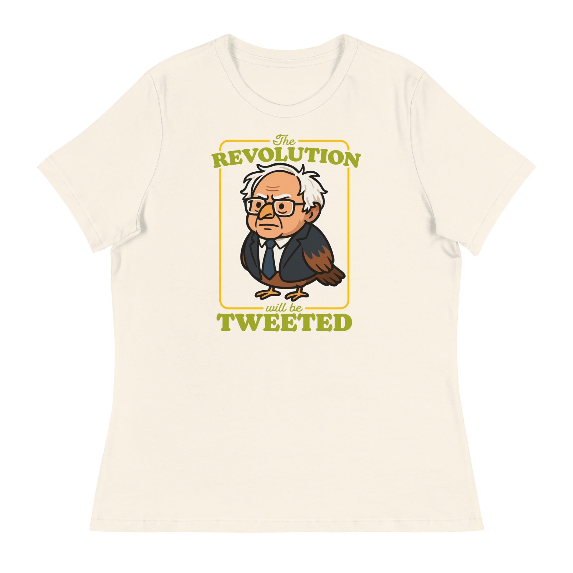 Blue Wave USA cream women’s relaxed tee featuring Birdie Sanders illustration and “The Revolution Will Be Tweeted” message, giftable political humor apparel.