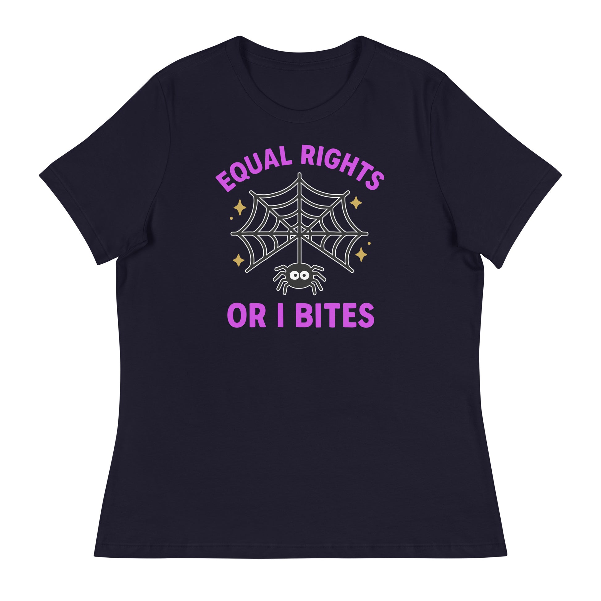 Navy “Equal Rights or I Bites” Halloween shirt with spider web and stars, spooky feminist tee promoting equality and justice.