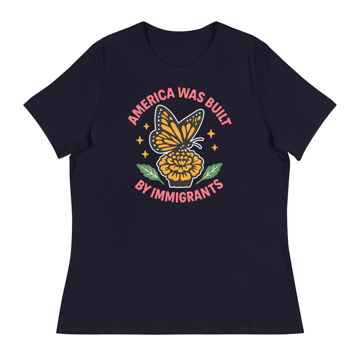 Navy “America Was Built by Immigrants” monarch butterfly shirt, progressive design supporting immigrant rights and solidarity.