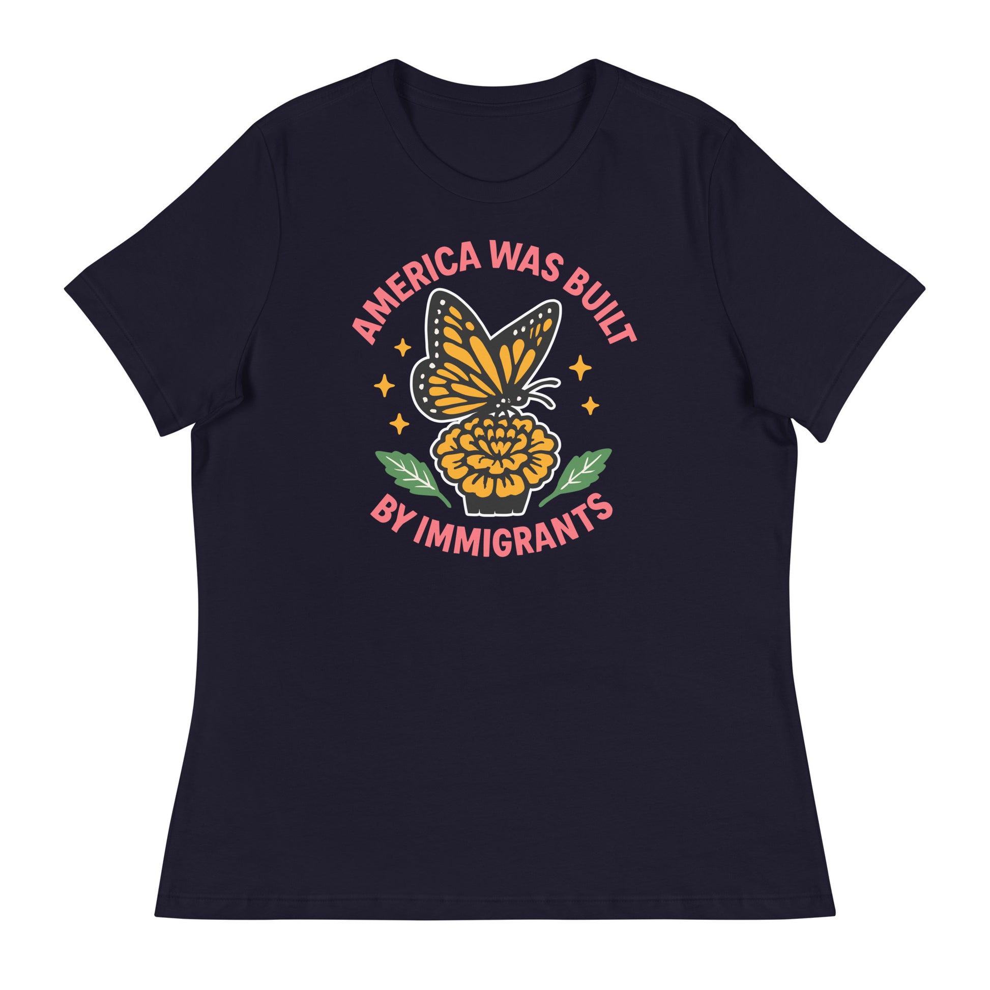 Navy “America Was Built by Immigrants” monarch butterfly shirt, progressive design supporting immigrant rights and solidarity.
