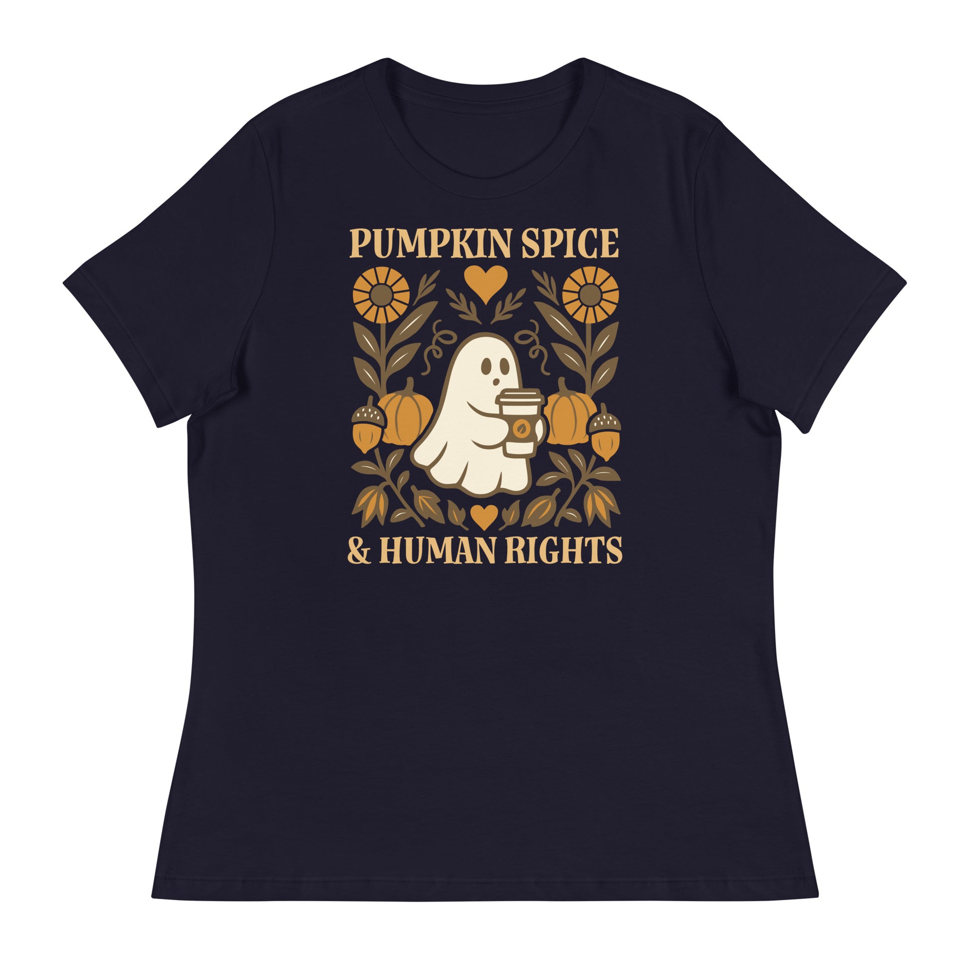 Navy “Pumpkin Spice & Human Rights” shirt featuring cute ghost holding latte surrounded by pumpkins and flowers.