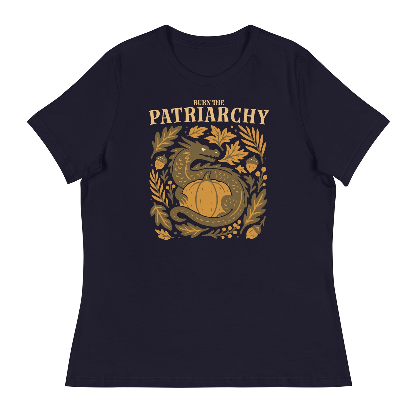 Navy women’s relaxed fit “Burn the Patriarchy” dragon and pumpkin feminist t-shirt, autumn equality design with botanical details.