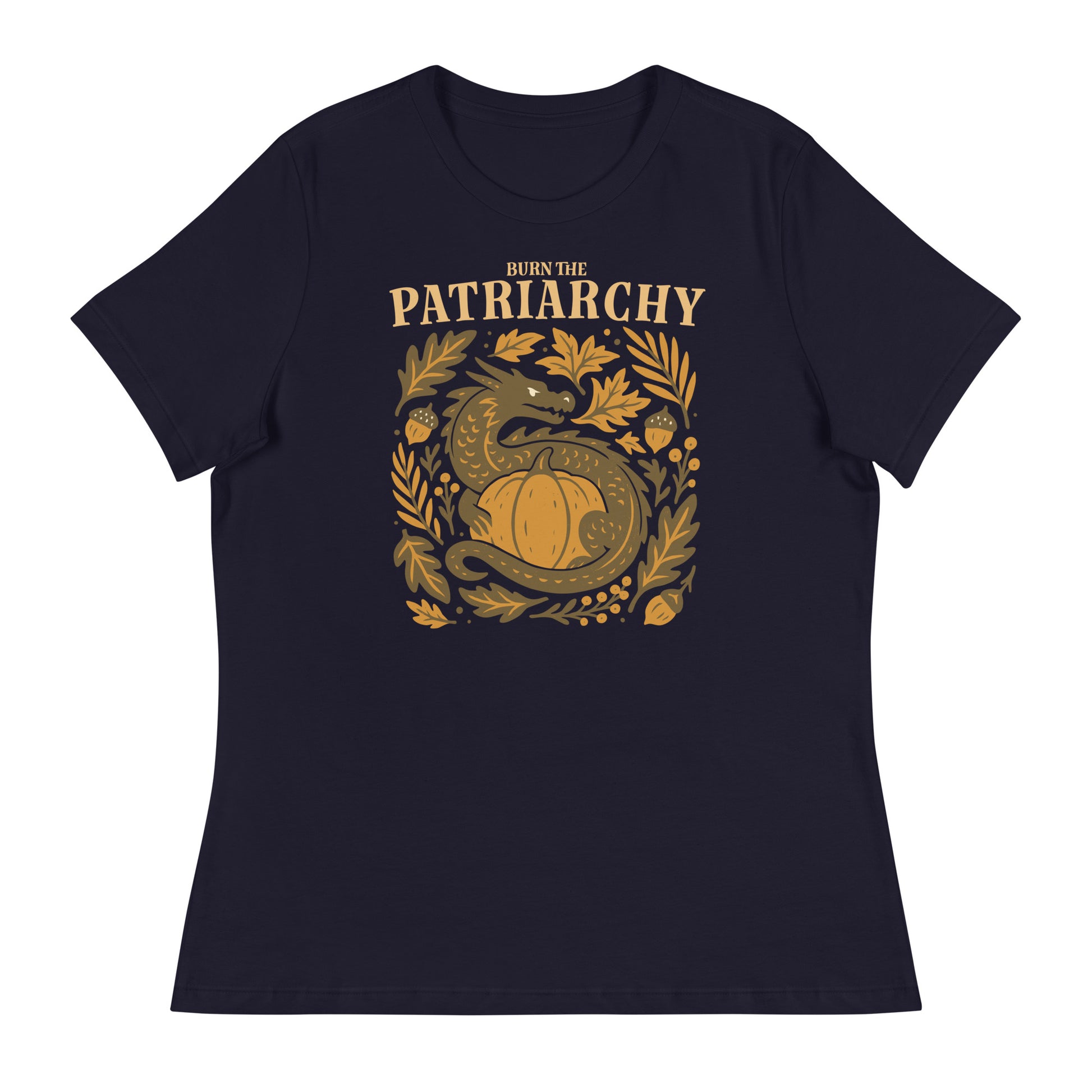 Navy women’s relaxed fit “Burn the Patriarchy” dragon and pumpkin feminist t-shirt, autumn equality design with botanical details.